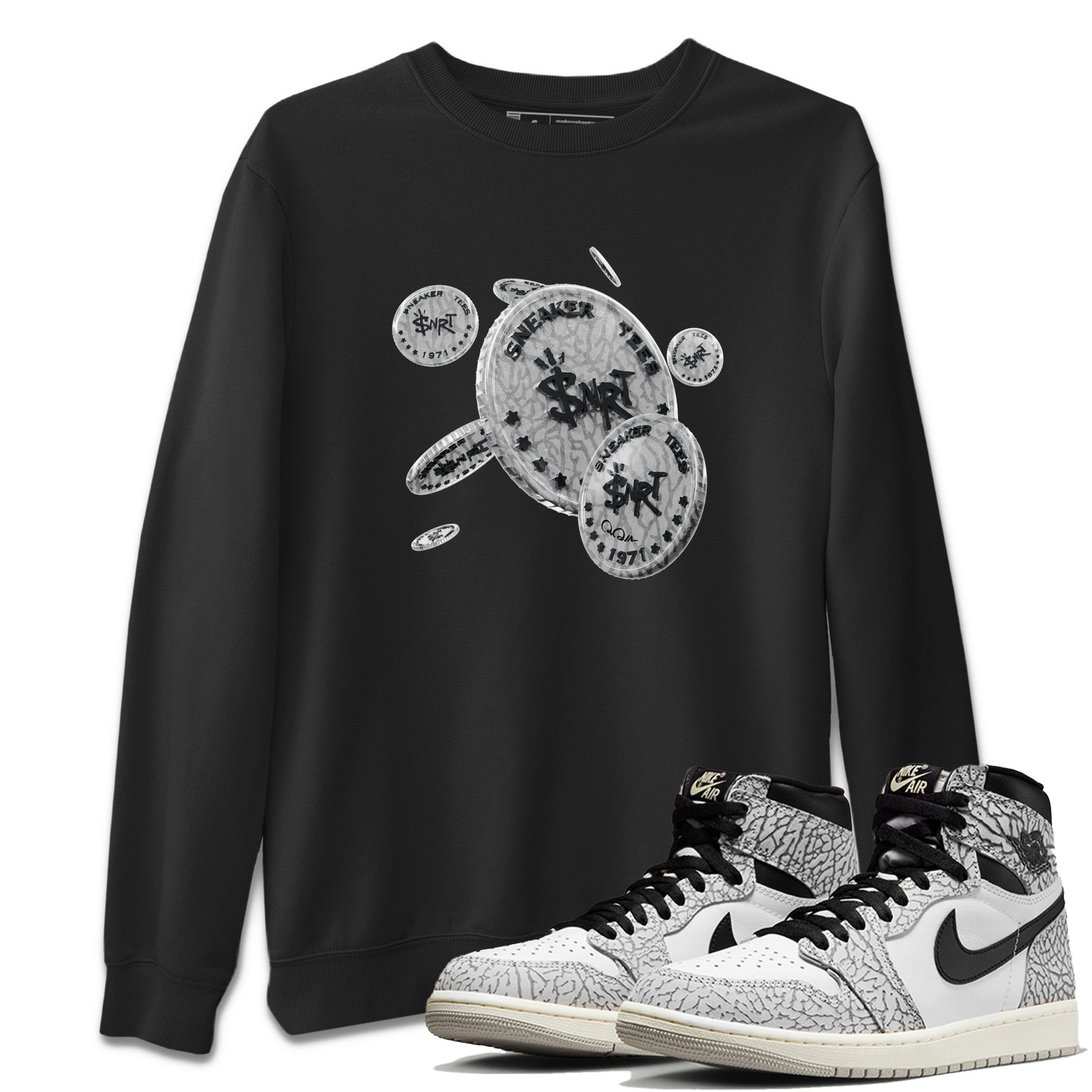 Air Jordan 1 White Cement Sneaker Match Tees Coin Drop Streetwear Sneaker Shirt Air Jordan 1 White Cement Sneaker Release Tees Unisex Shirts Black 1
