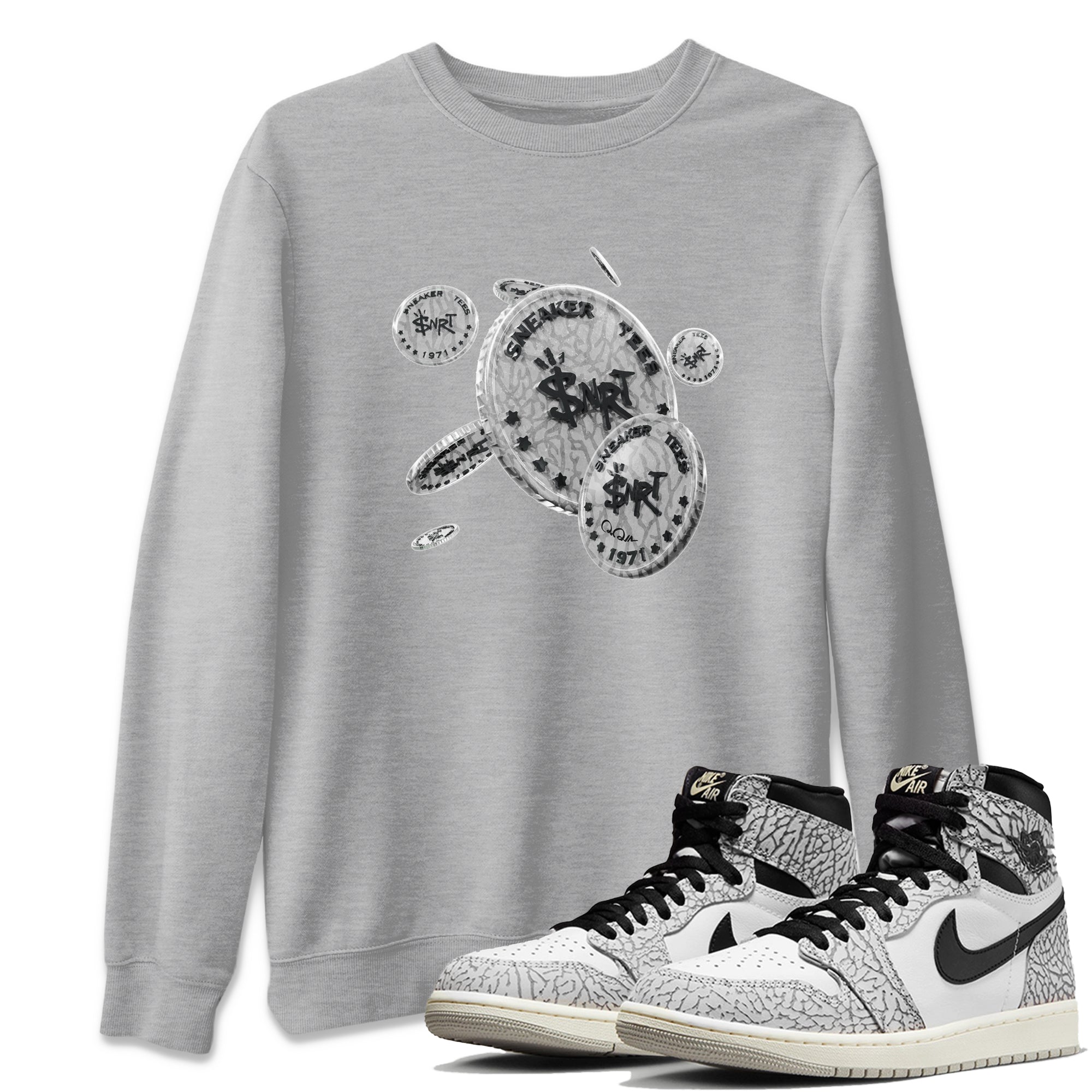 Air Jordan 1 White Cement Sneaker Match Tees Coin Drop Streetwear Sneaker Shirt Air Jordan 1 White Cement Sneaker Release Tees Unisex Shirts Heather Grey 1