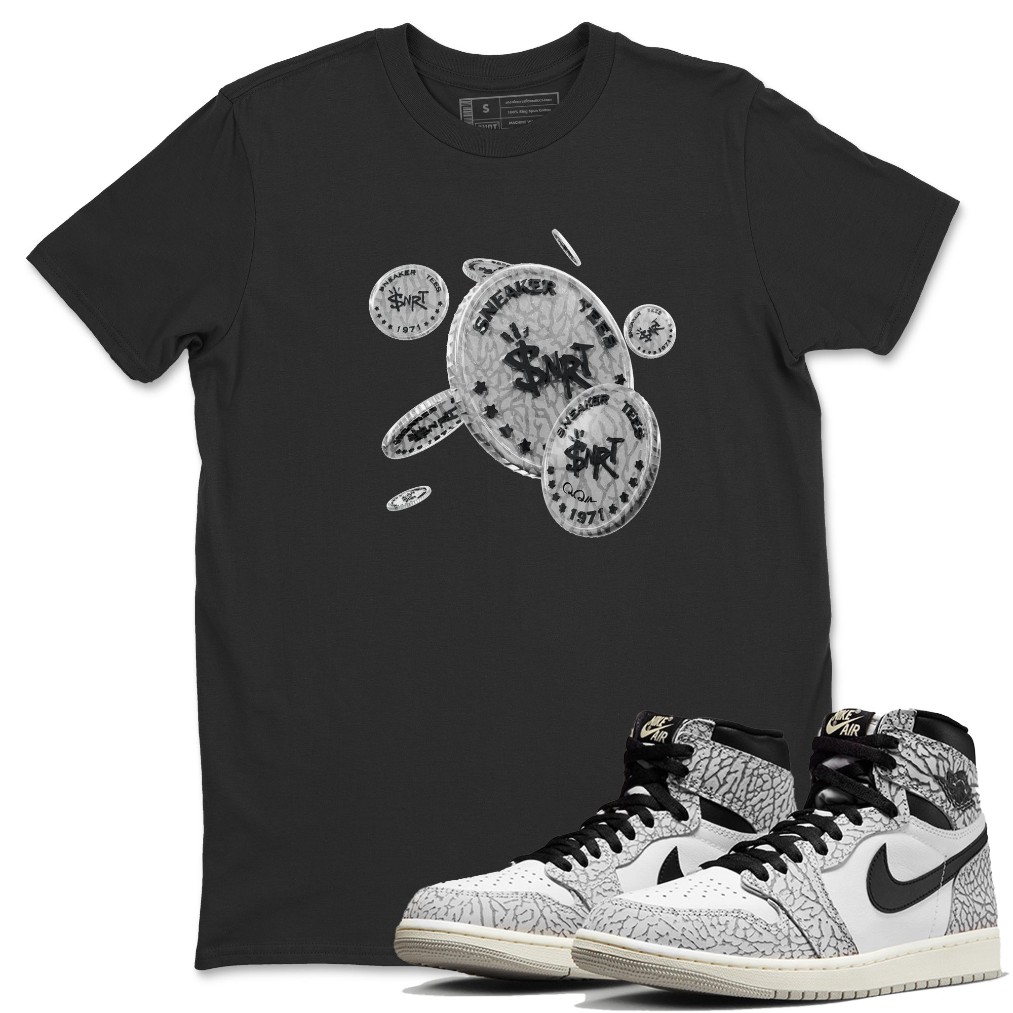Air Jordan 1 White Cement Sneaker Match Tees Coin Drop Streetwear Sneaker Shirt Air Jordan 1 White Cement Sneaker Release Tees Unisex Shirts Black 1