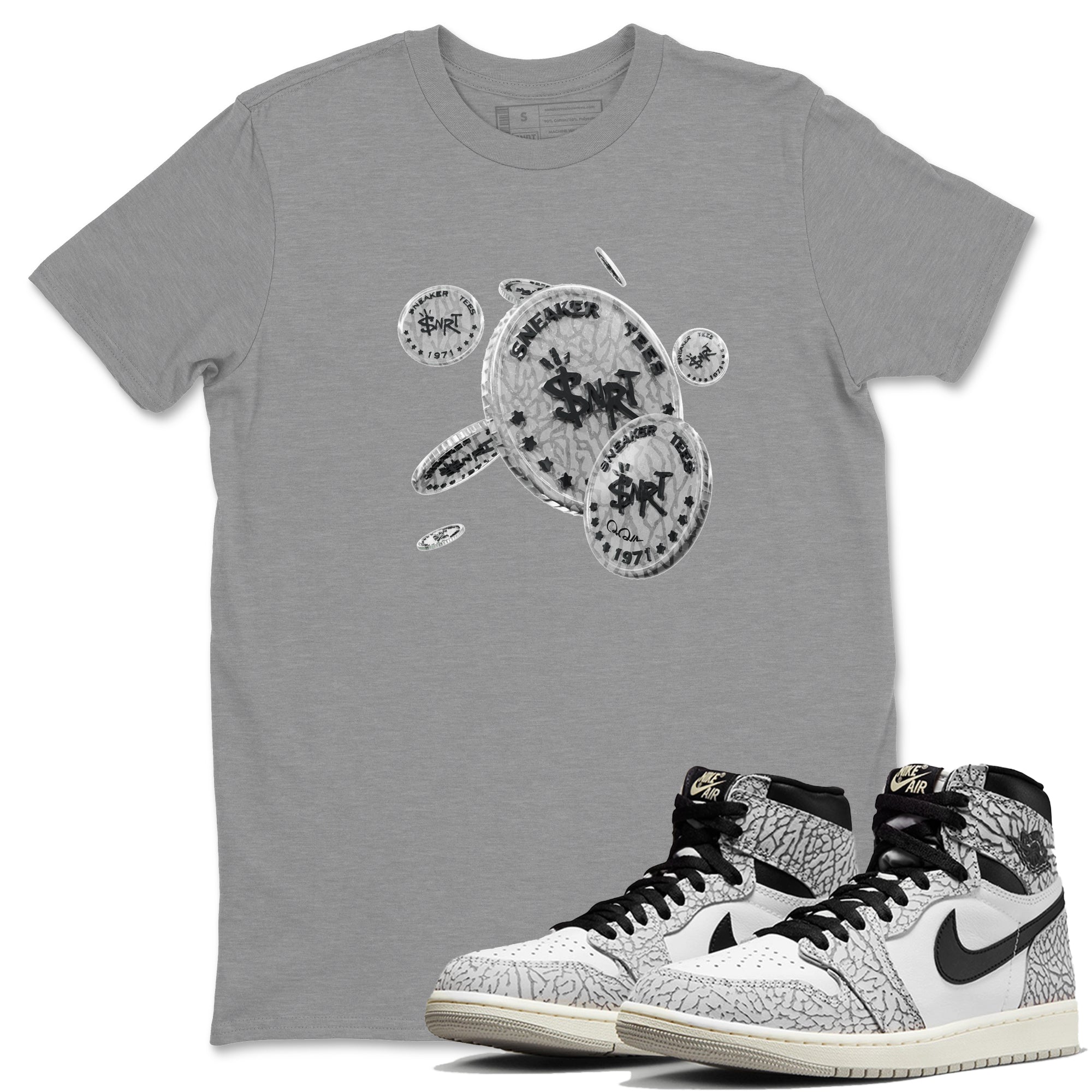 Air Jordan 1 White Cement Sneaker Match Tees Coin Drop Streetwear Sneaker Shirt Air Jordan 1 White Cement Sneaker Release Tees Unisex Shirts Heather Grey 1