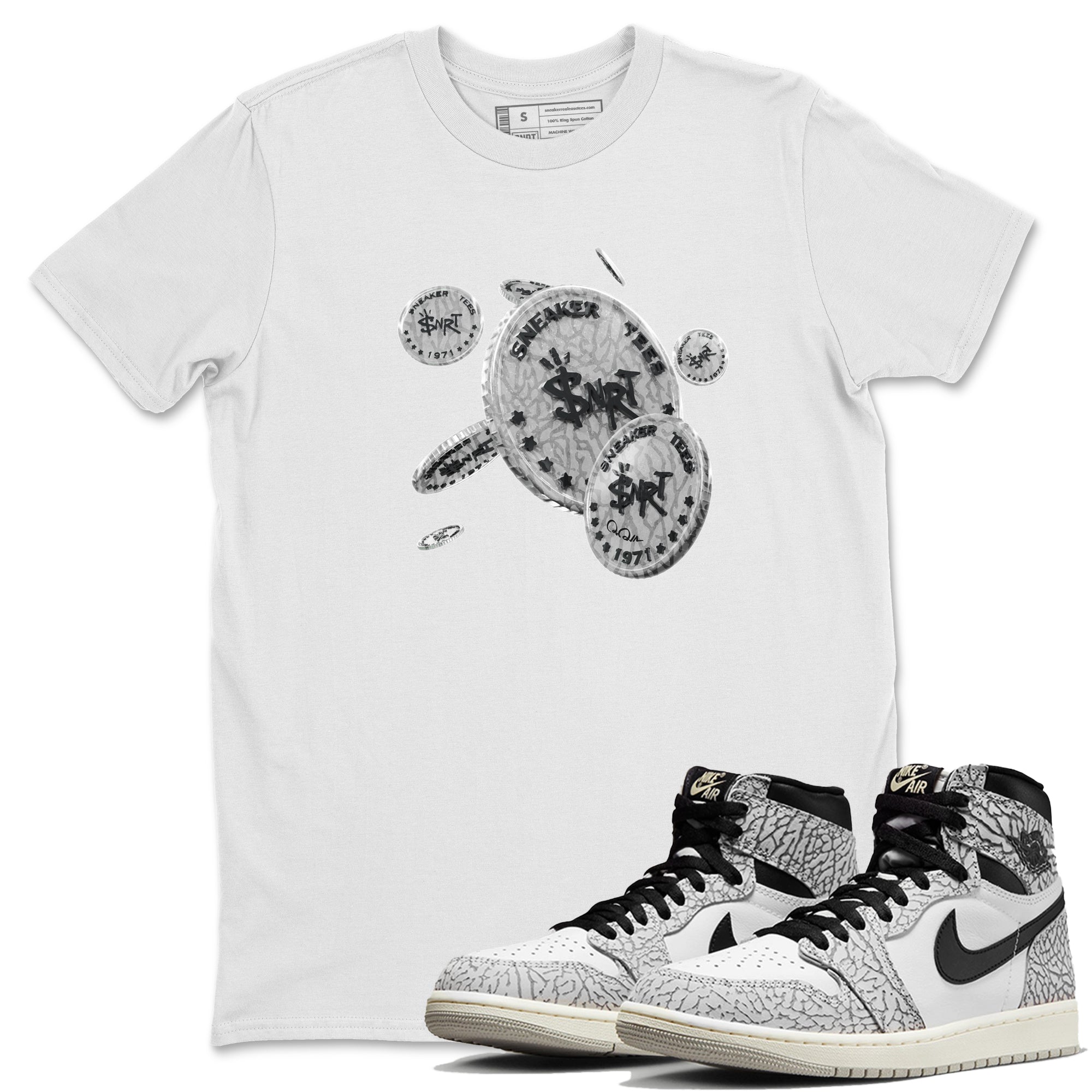 Air Jordan 1 White Cement Sneaker Match Tees Coin Drop Streetwear Sneaker Shirt Air Jordan 1 White Cement Sneaker Release Tees Unisex Shirts White 1