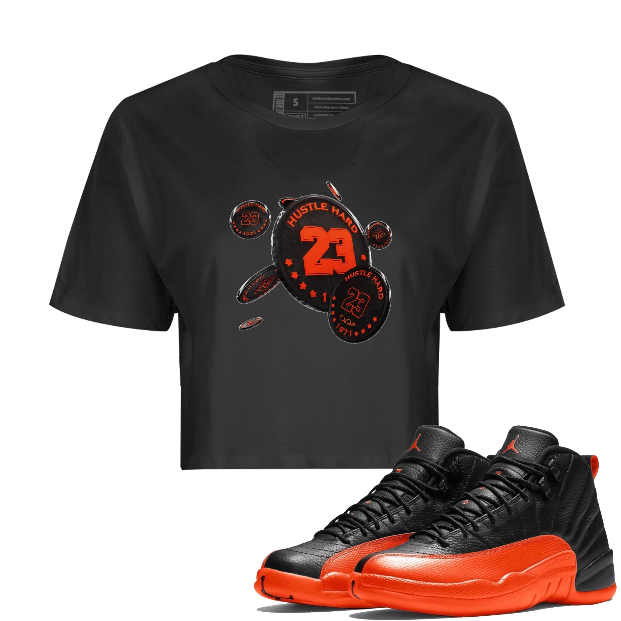 Air Jordan 12 Brilliant Orange Sneaker Match Tees Coin Drop Sneaker Tees AJ12 Brilliant Orange Sneaker Release Tees Women's Shirts Black 1