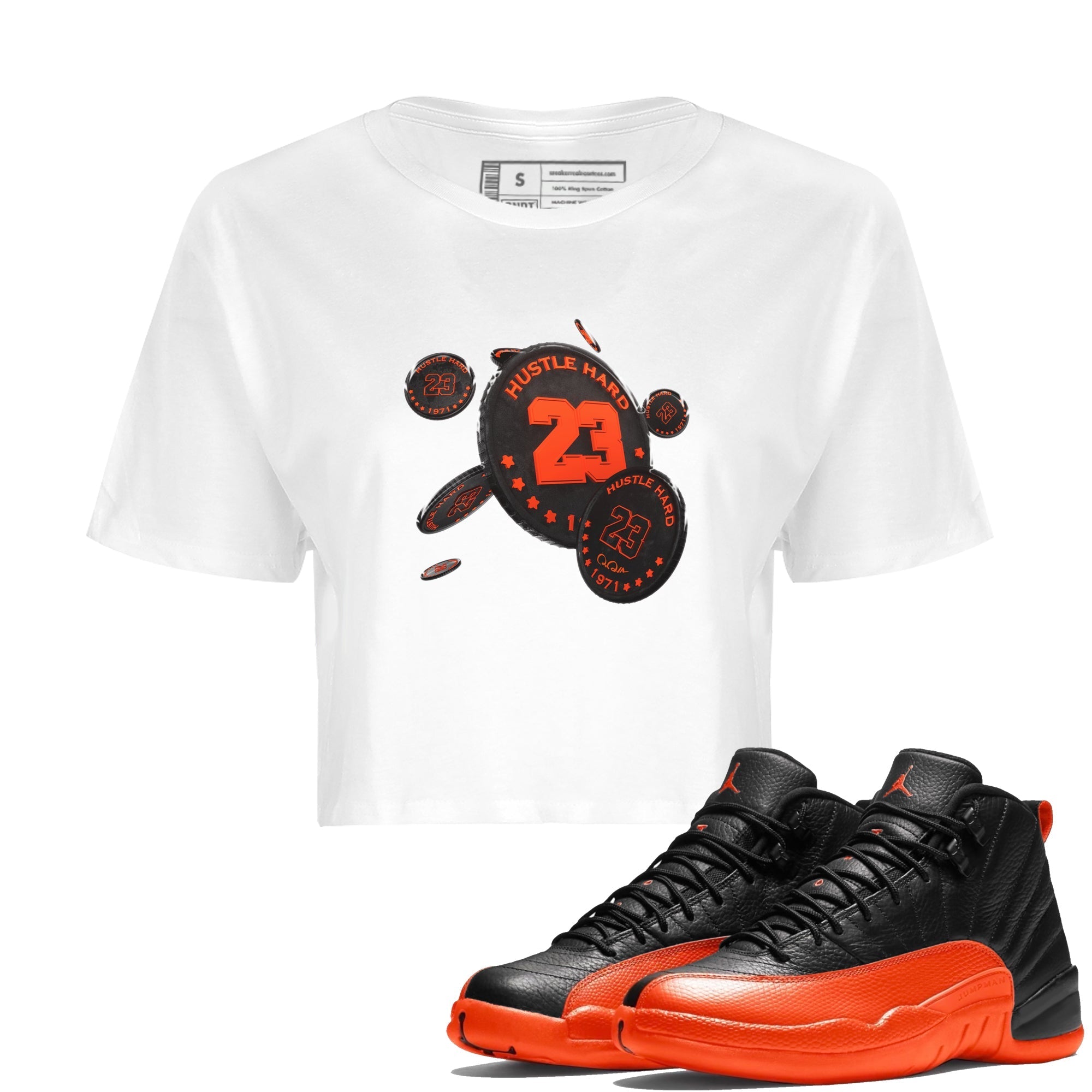 Air Jordan 12 Brilliant Orange Sneaker Match Tees Coin Drop Sneaker Tees AJ12 Brilliant Orange Sneaker Release Tees Women's Shirts White 1