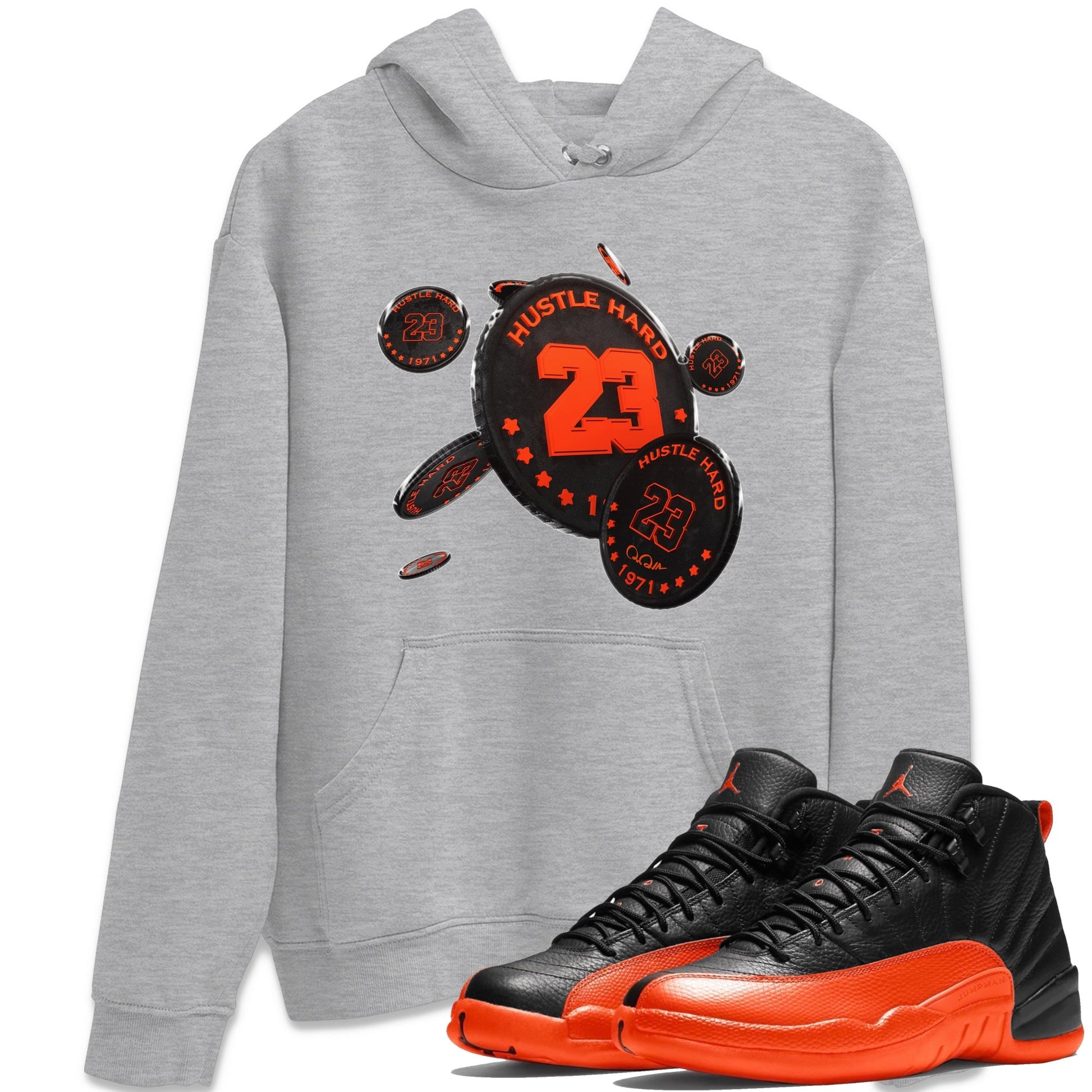 Air Jordan 12 Brilliant Orange Sneaker Match Tees Coin Drop Sneaker Tees AJ12 Brilliant Orange Sneaker Release Tees Unisex Shirts Heather Grey 1