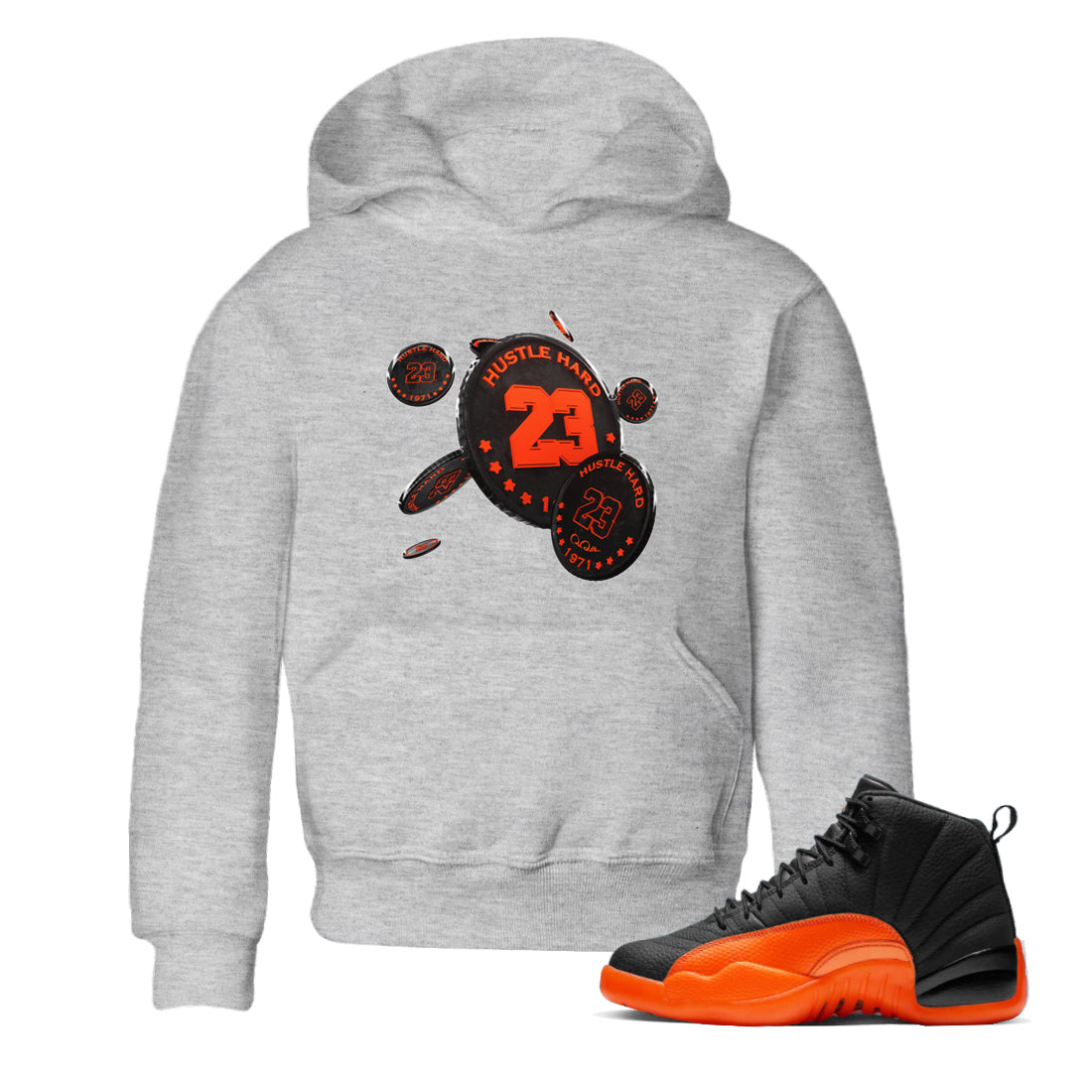 Air Jordan 12 Brilliant Orange Sneaker Match Tees Coin Drop Sneaker Tees AJ12 Brilliant Orange Sneaker Release Tees Kids Shirts Heather Grey 1