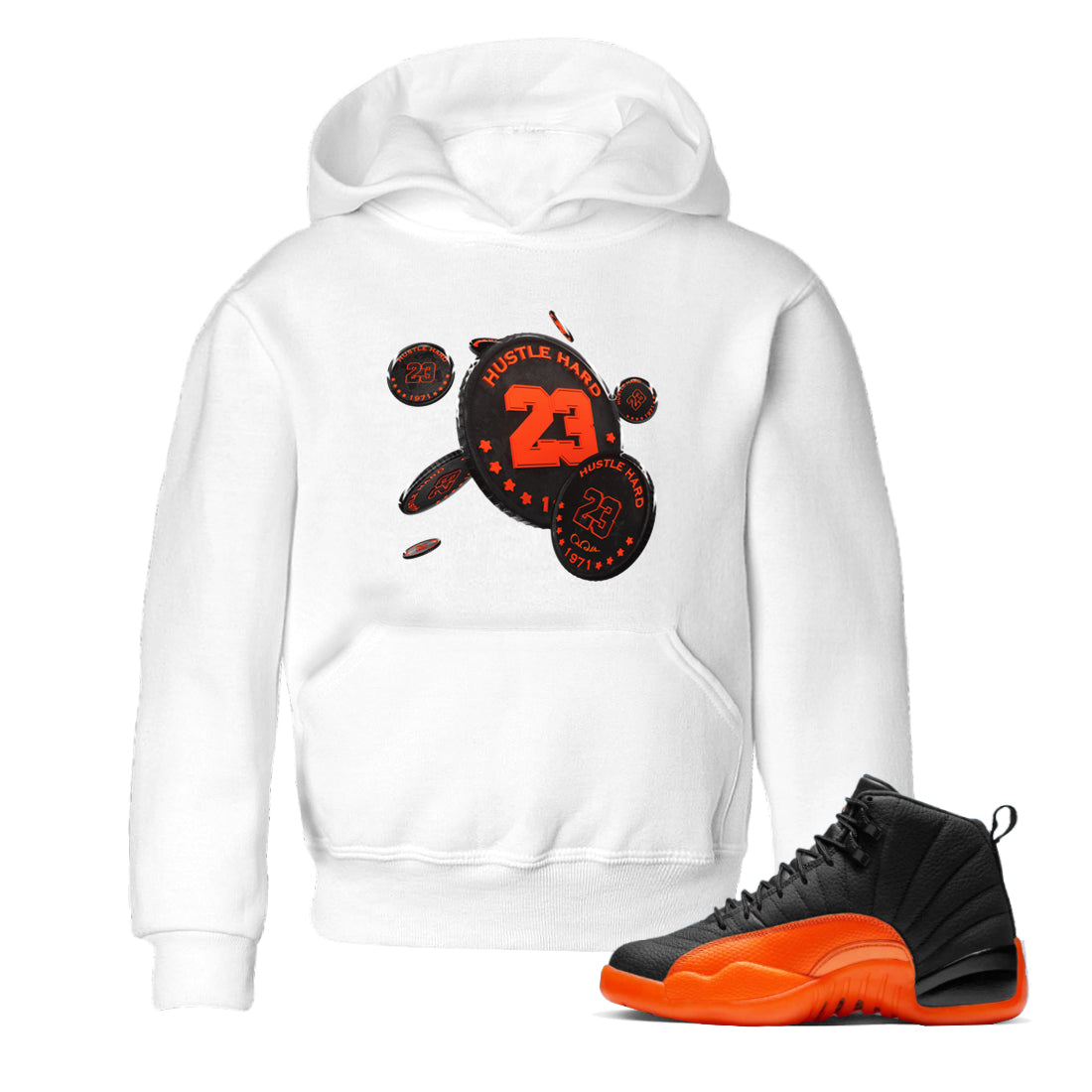 Air Jordan 12 Brilliant Orange Sneaker Match Tees Coin Drop Sneaker Tees AJ12 Brilliant Orange Sneaker Release Tees Kids Shirts White 1