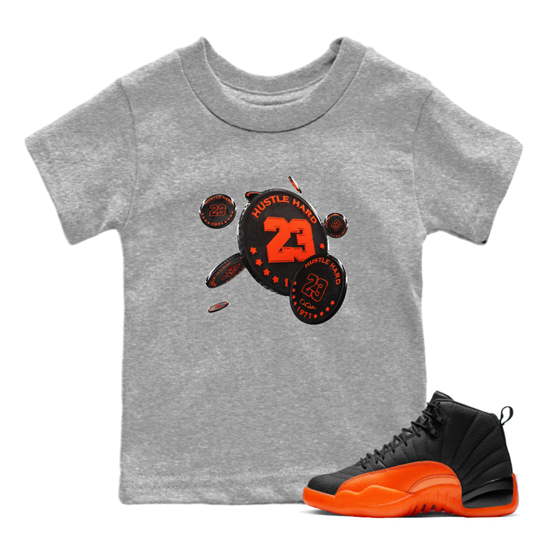 Air Jordan 12 Brilliant Orange Sneaker Match Tees Coin Drop Sneaker Tees AJ12 Brilliant Orange Sneaker Release Tees Kids Shirts Heather Grey 1