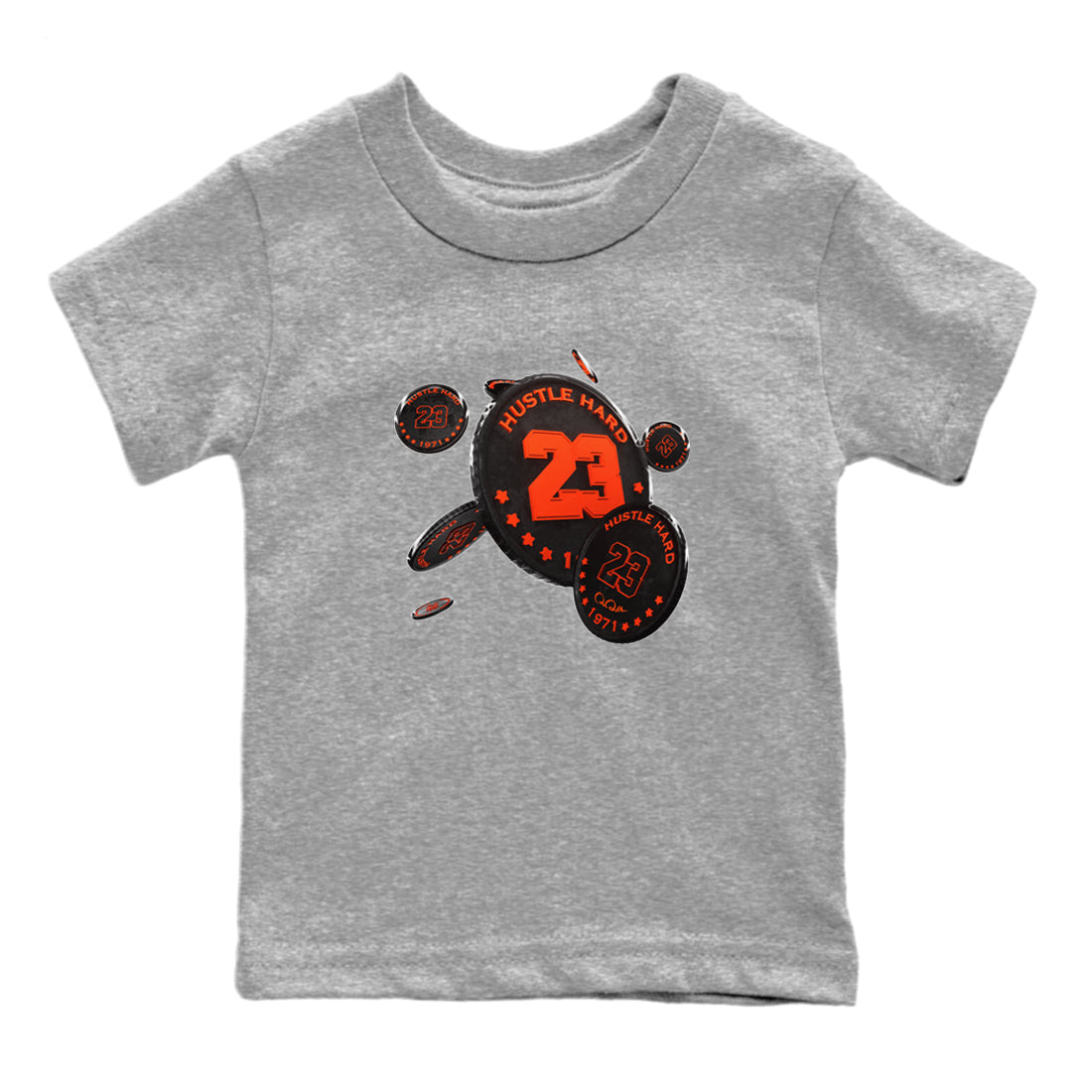 Air Jordan 12 Brilliant Orange Sneaker Match Tees Coin Drop Sneaker Tees AJ12 Brilliant Orange Sneaker Release Tees Kids Shirts Heather Grey 2