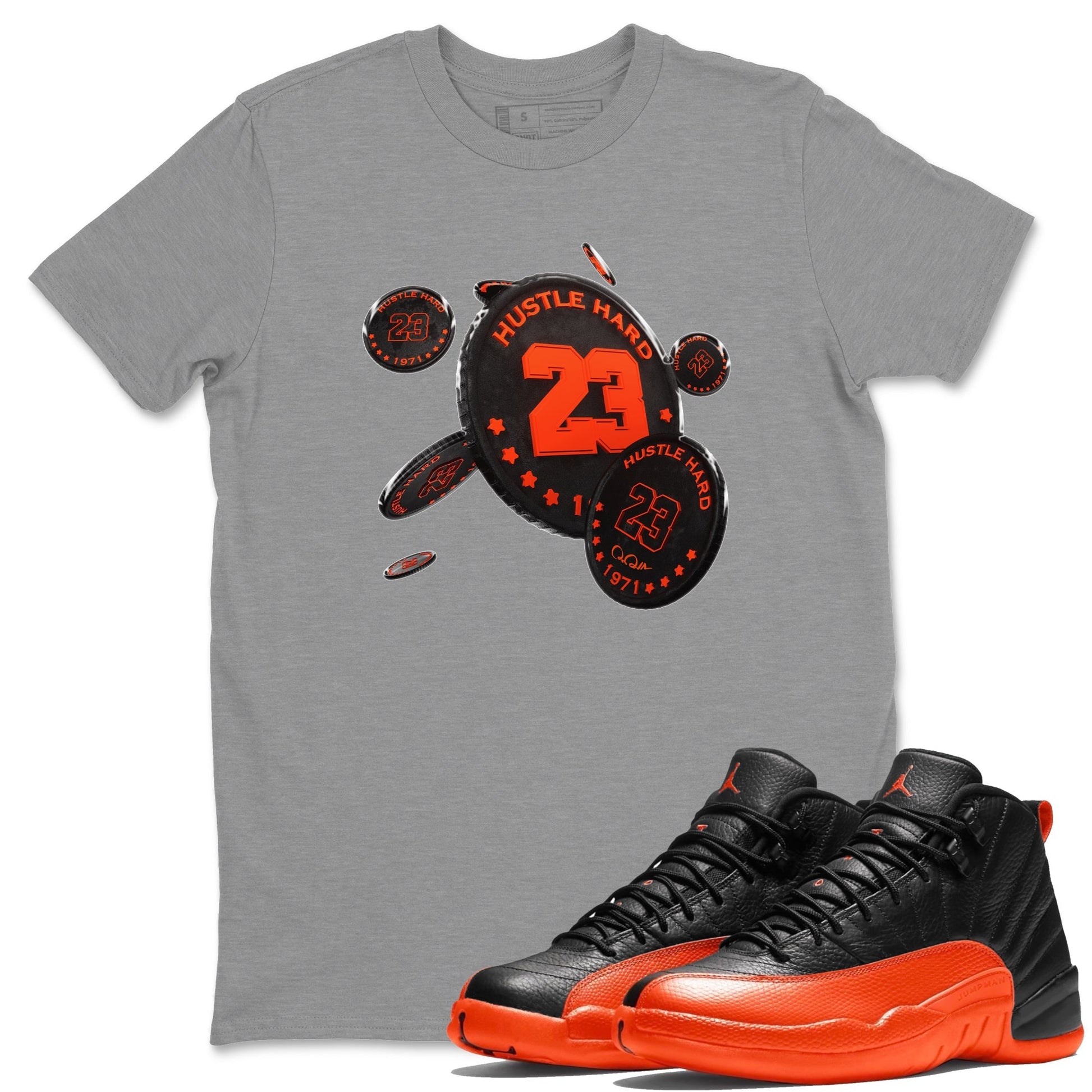 Air Jordan 12 Brilliant Orange Sneaker Match Tees Coin Drop Sneaker Tees AJ12 Brilliant Orange Sneaker Release Tees Unisex Shirts Heather Grey 1