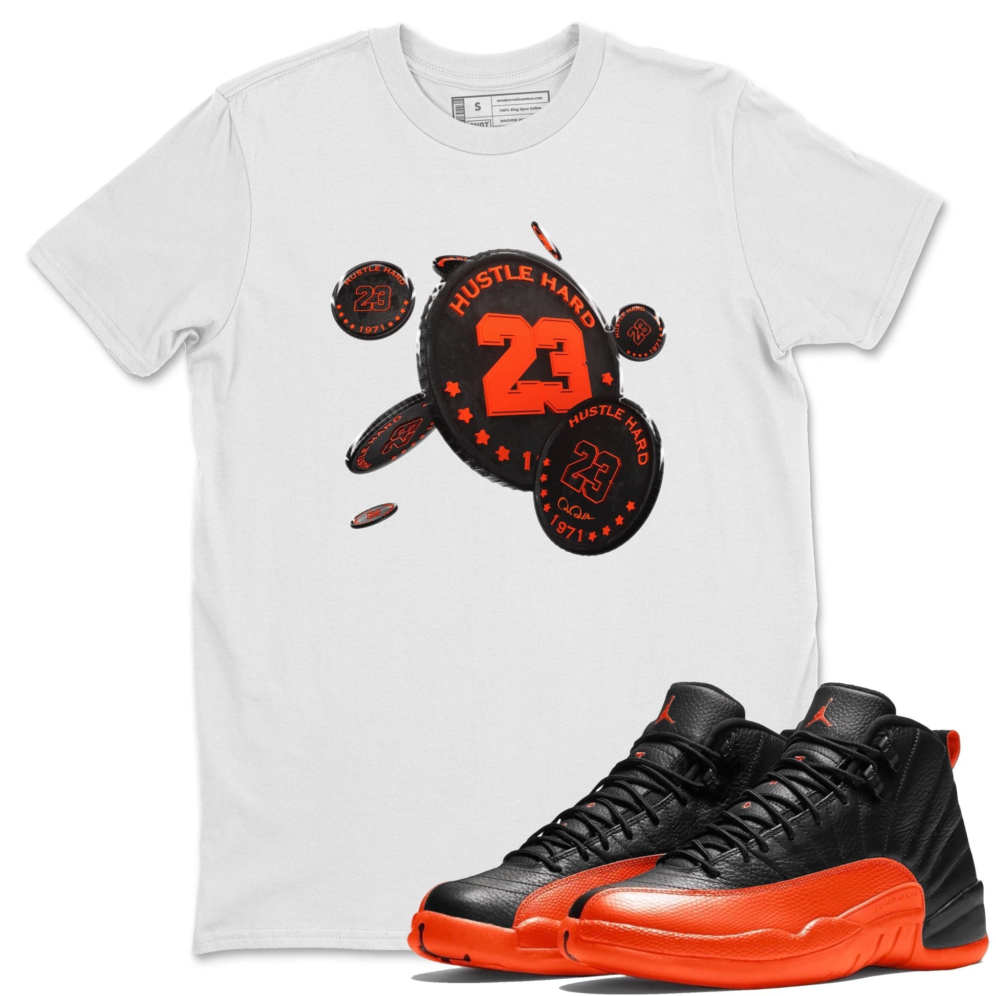 Air Jordan 12 Brilliant Orange Sneaker Match Tees Coin Drop Sneaker Tees AJ12 Brilliant Orange Sneaker Release Tees Unisex Shirts White 1