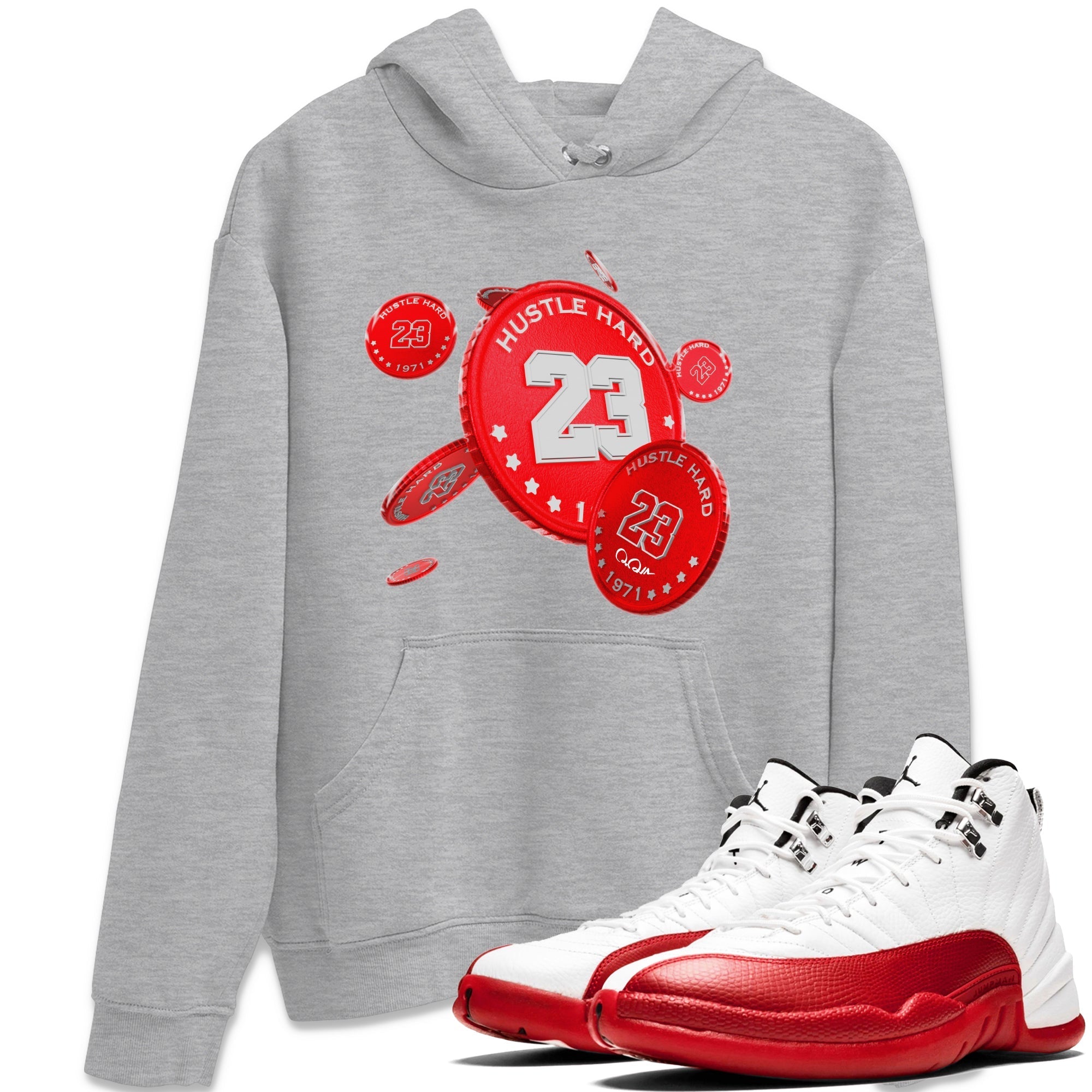 Air Jordan 12 Cherry Sneaker Match Tees Coin Drop Sneaker Tees AJ12 Cherry Sneaker Release Tees Unisex Shirts Heather Grey 1