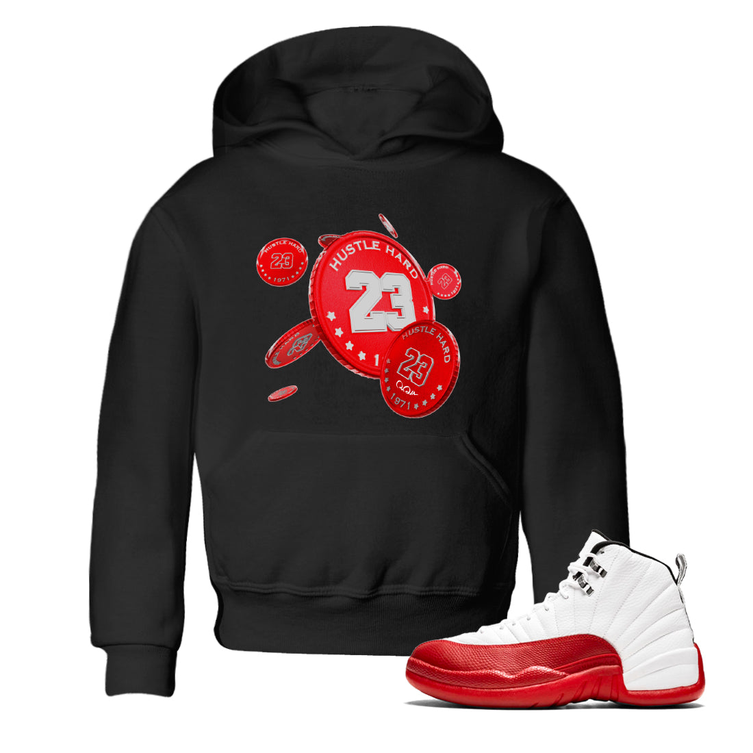 Air Jordan 12 Cherry Sneaker Match Tees Coin Drop Sneaker Tees AJ12 Cherry Sneaker Release Tees Kids Shirts Black 1