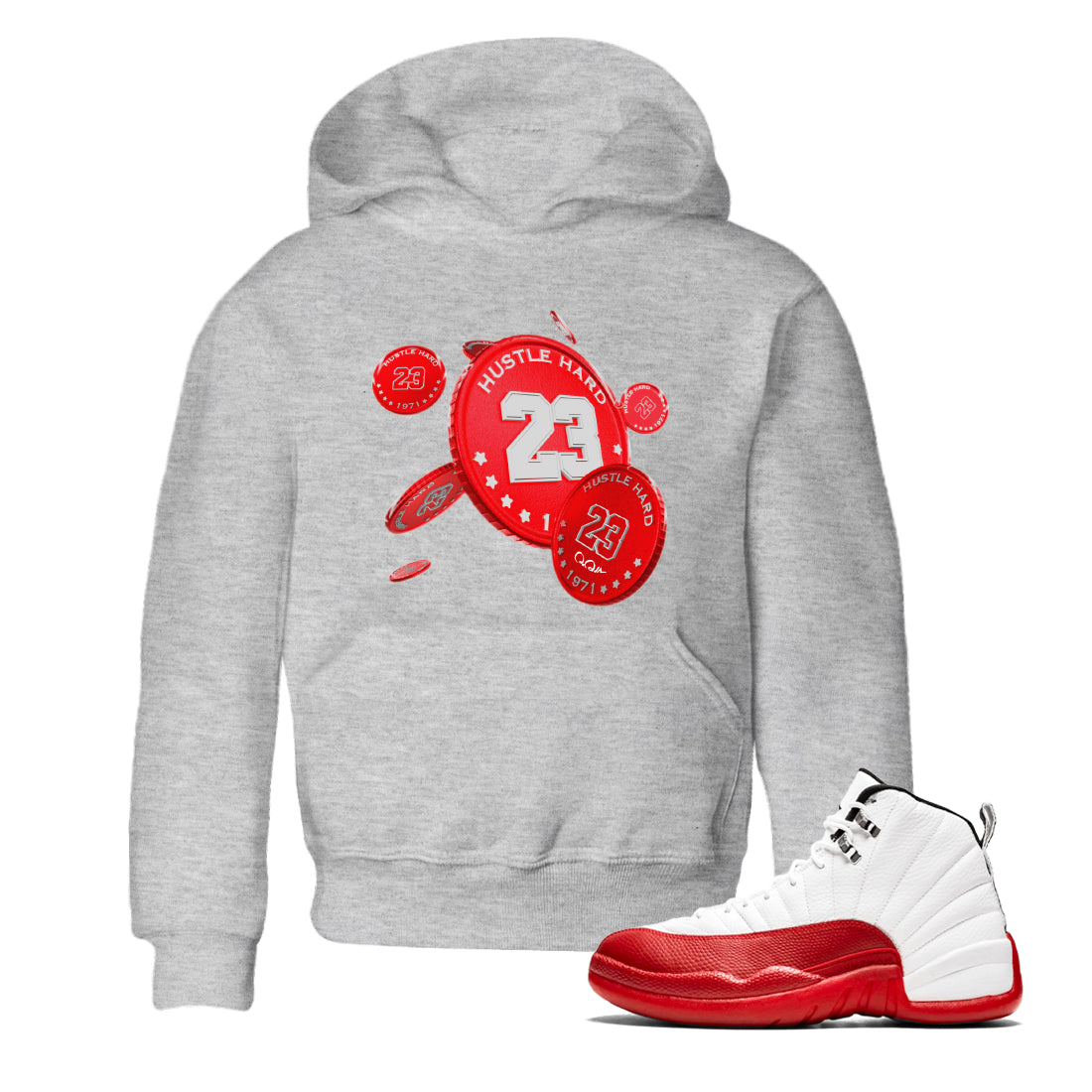 Air Jordan 12 Cherry Sneaker Match Tees Coin Drop Sneaker Tees AJ12 Cherry Sneaker Release Tees Kids Shirts Heather Grey 1