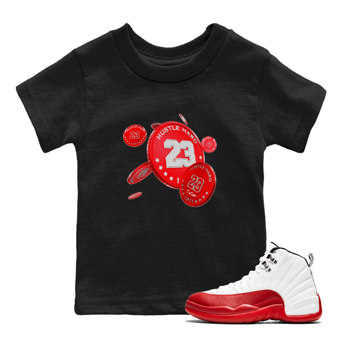 Air Jordan 12 Cherry Sneaker Match Tees Coin Drop Sneaker Tees AJ12 Cherry Sneaker Release Tees Kids Shirts Black 1
