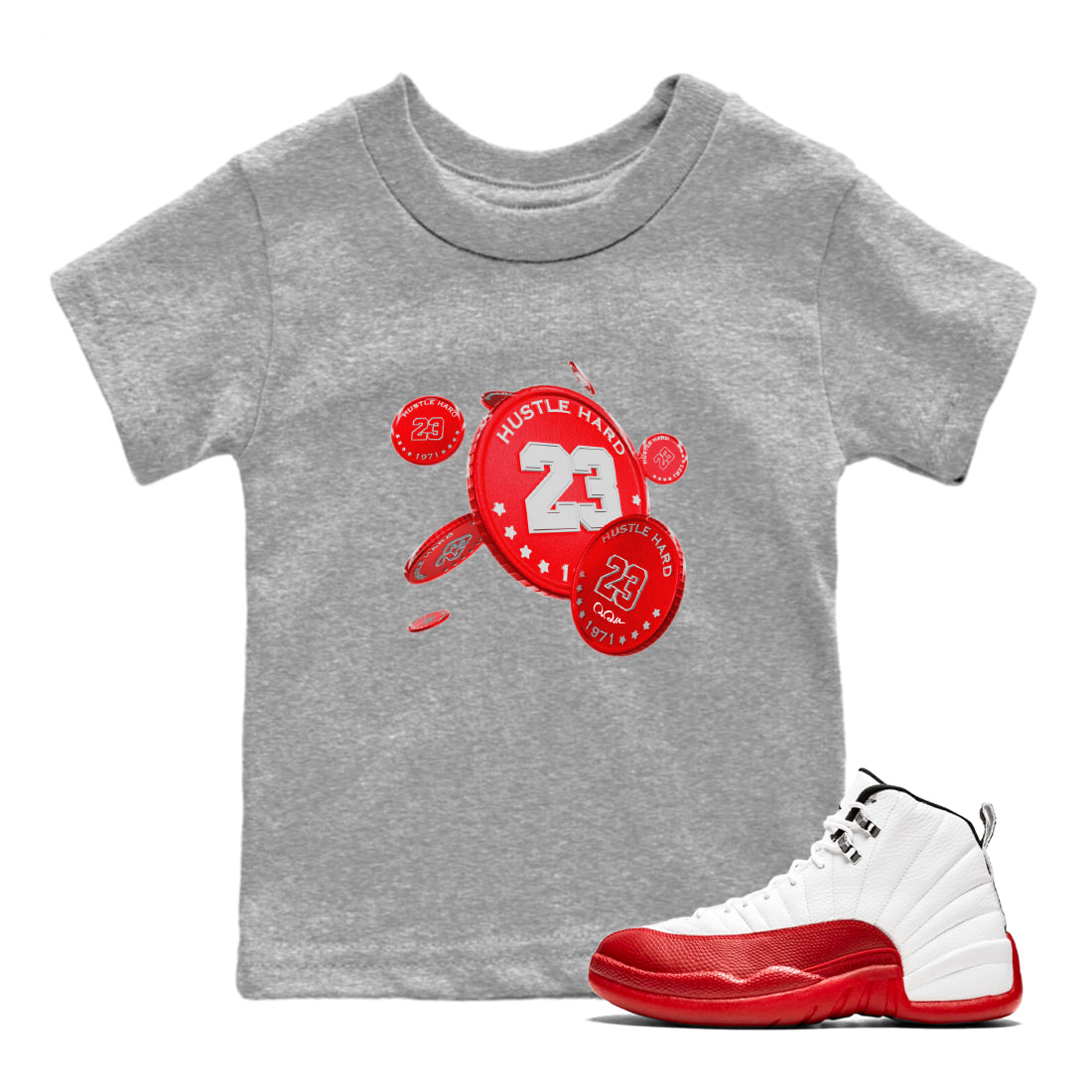Air Jordan 12 Cherry Sneaker Match Tees Coin Drop Sneaker Tees AJ12 Cherry Sneaker Release Tees Kids Shirts Heather Grey 1