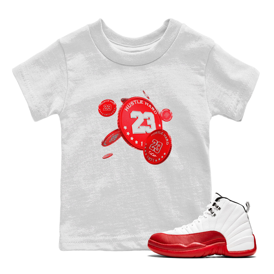 Air Jordan 12 Cherry Sneaker Match Tees Coin Drop Sneaker Tees AJ12 Cherry Sneaker Release Tees Kids Shirts White 1