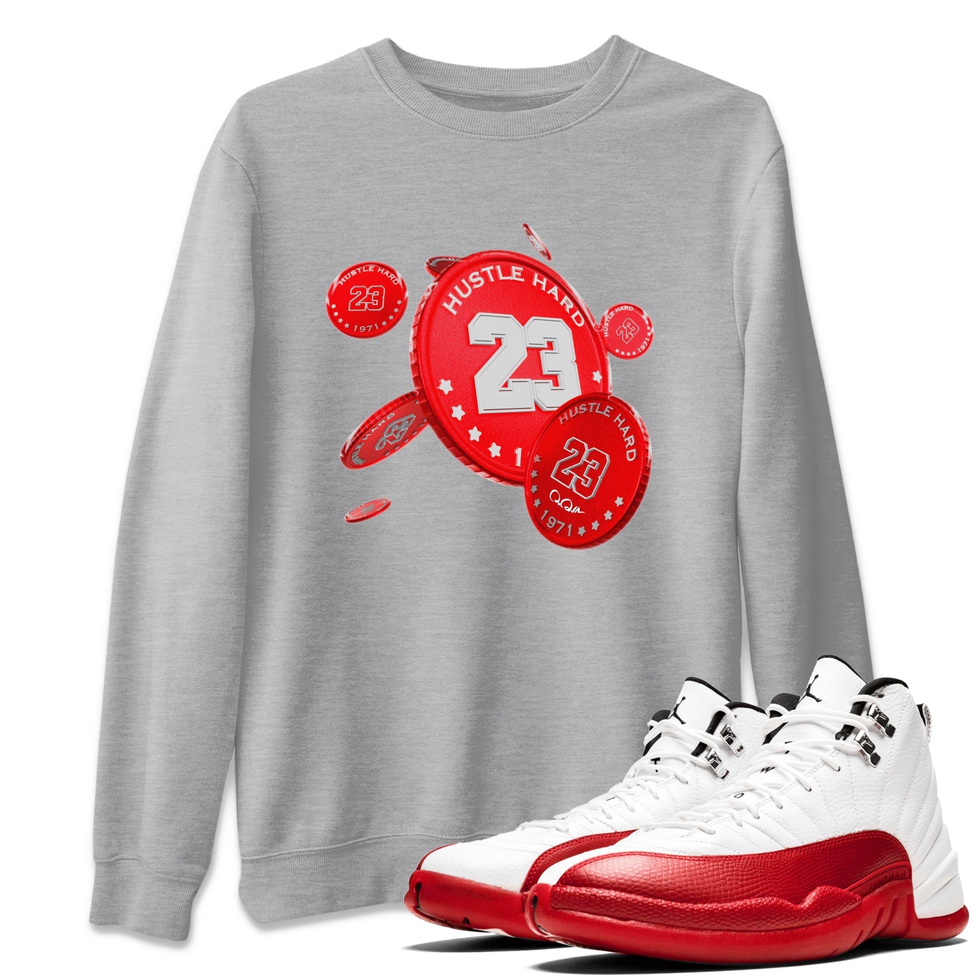 Air Jordan 12 Cherry Sneaker Match Tees Coin Drop Sneaker Tees AJ12 Cherry Sneaker Release Tees Unisex Shirts Heather Grey 1