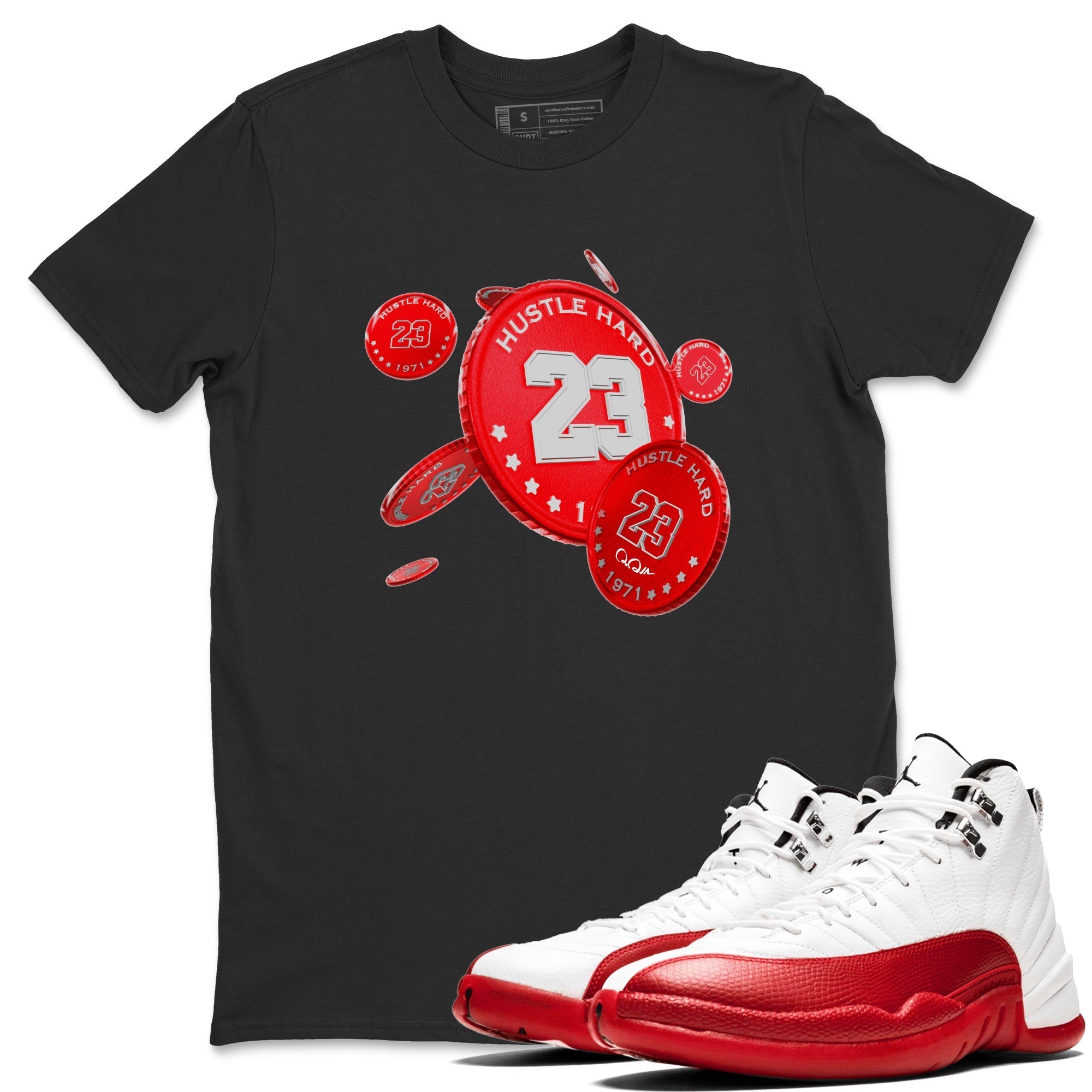 Air Jordan 12 Cherry Sneaker Match Tees Coin Drop Sneaker Tees AJ12 Cherry Sneaker Release Tees Unisex Shirts Black 1