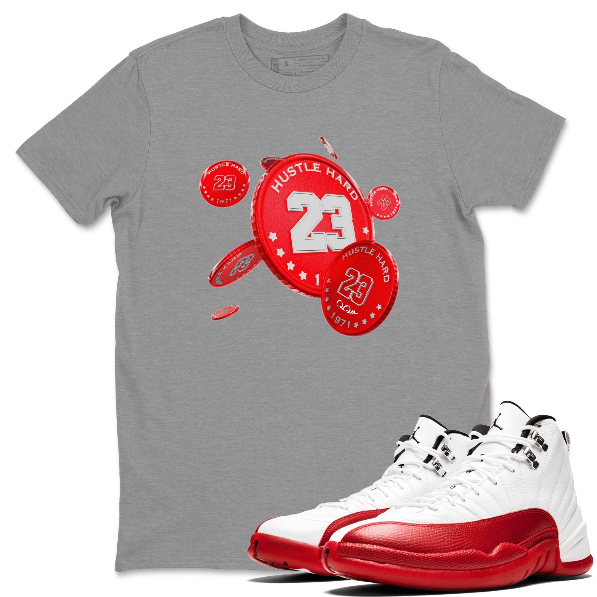Air Jordan 12 Cherry Sneaker Match Tees Coin Drop Sneaker Tees AJ12 Cherry Sneaker Release Tees Unisex Shirts Heather Grey 1
