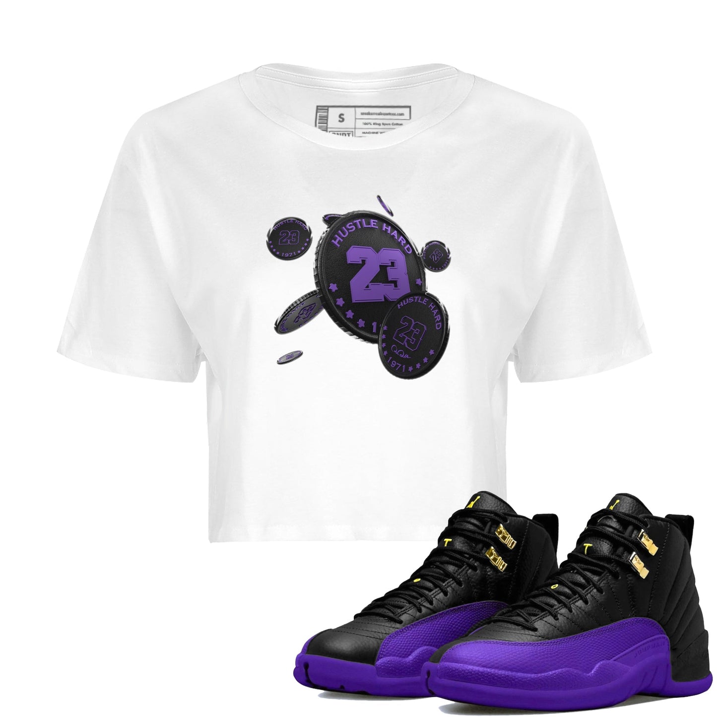 Air Jordan 12 Field Purple Sneaker Match Tees Coin Drop Sneaker Tees AJ12 Field Purple Sneaker Release Tees Women's Shirts White 1
