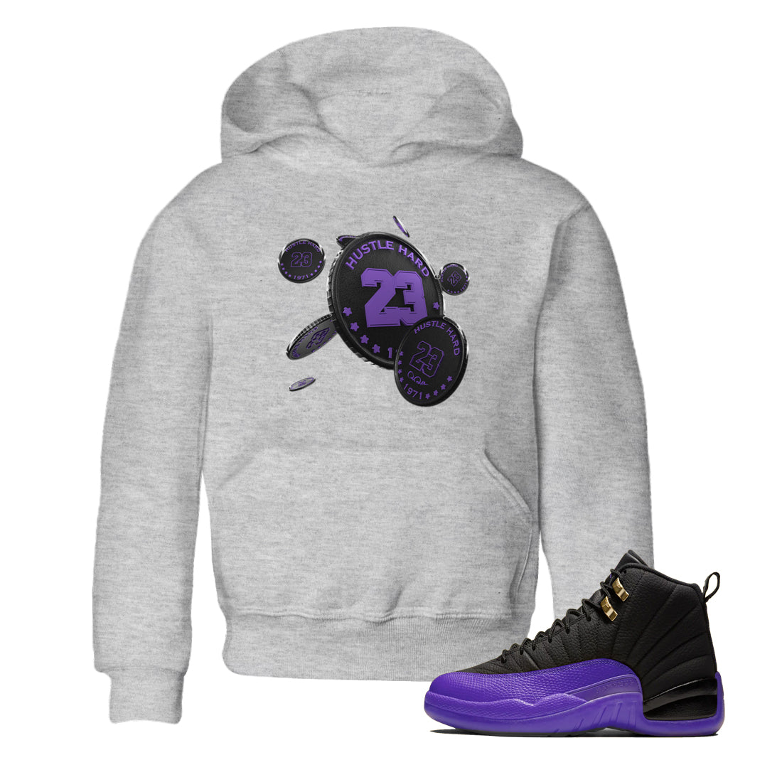 Air Jordan 12 Field Purple Sneaker Match Tees Coin Drop Sneaker Tees AJ12 Field Purple Sneaker Release Tees Kids Shirts Heather Grey 1
