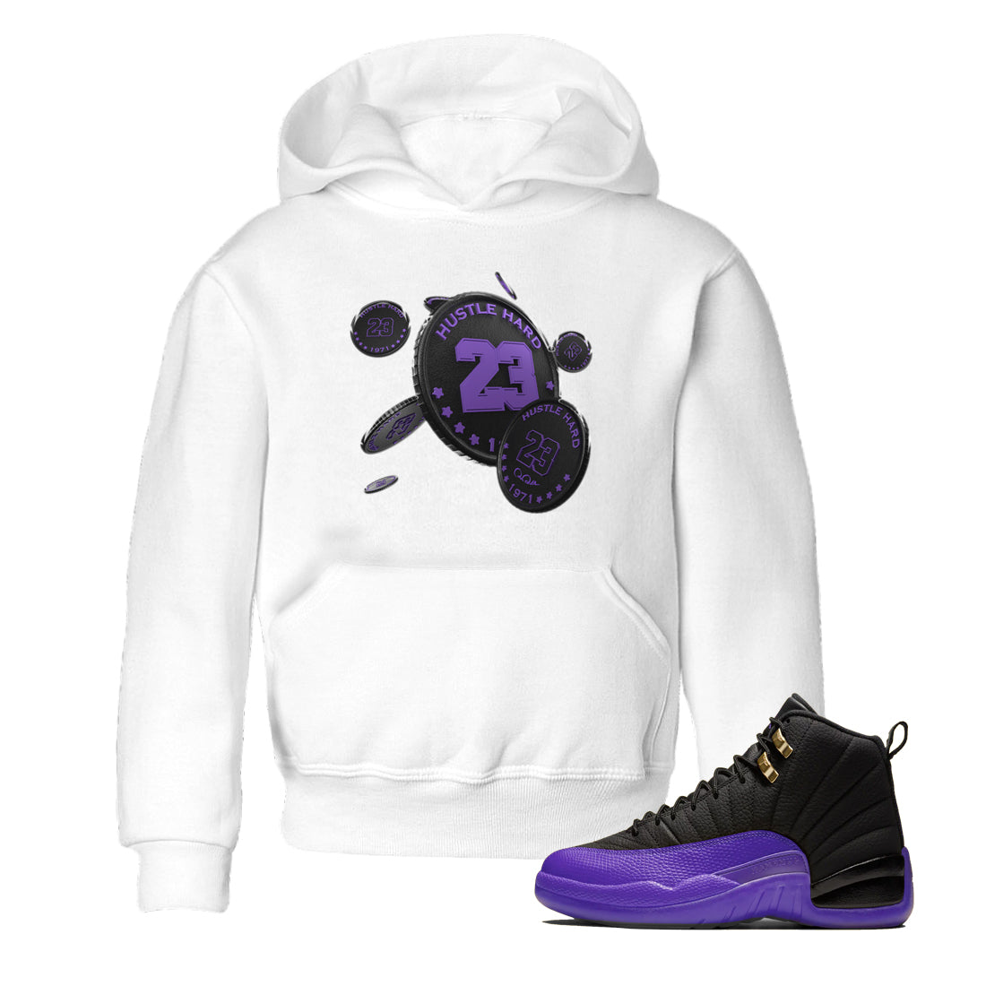 Air Jordan 12 Field Purple Sneaker Match Tees Coin Drop Sneaker Tees AJ12 Field Purple Sneaker Release Tees Kids Shirts White 1