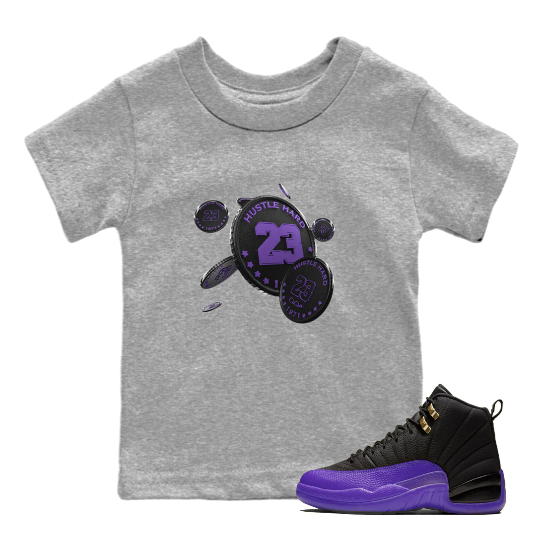 Air Jordan 12 Field Purple Sneaker Match Tees Coin Drop Sneaker Tees AJ12 Field Purple Sneaker Release Tees Kids Shirts Heather Grey 1