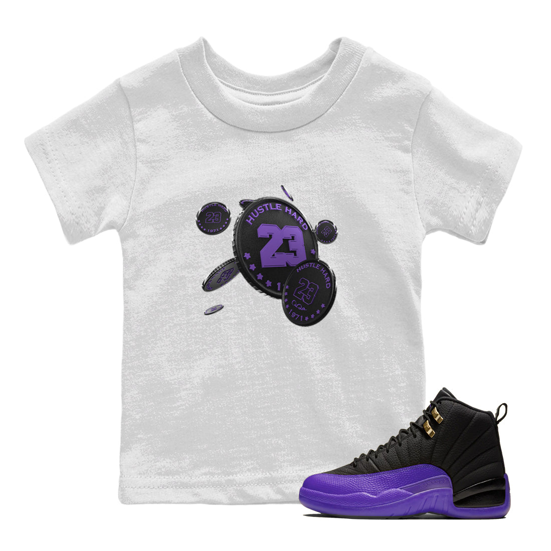 Air Jordan 12 Field Purple Sneaker Match Tees Coin Drop Sneaker Tees AJ12 Field Purple Sneaker Release Tees Kids Shirts White 1