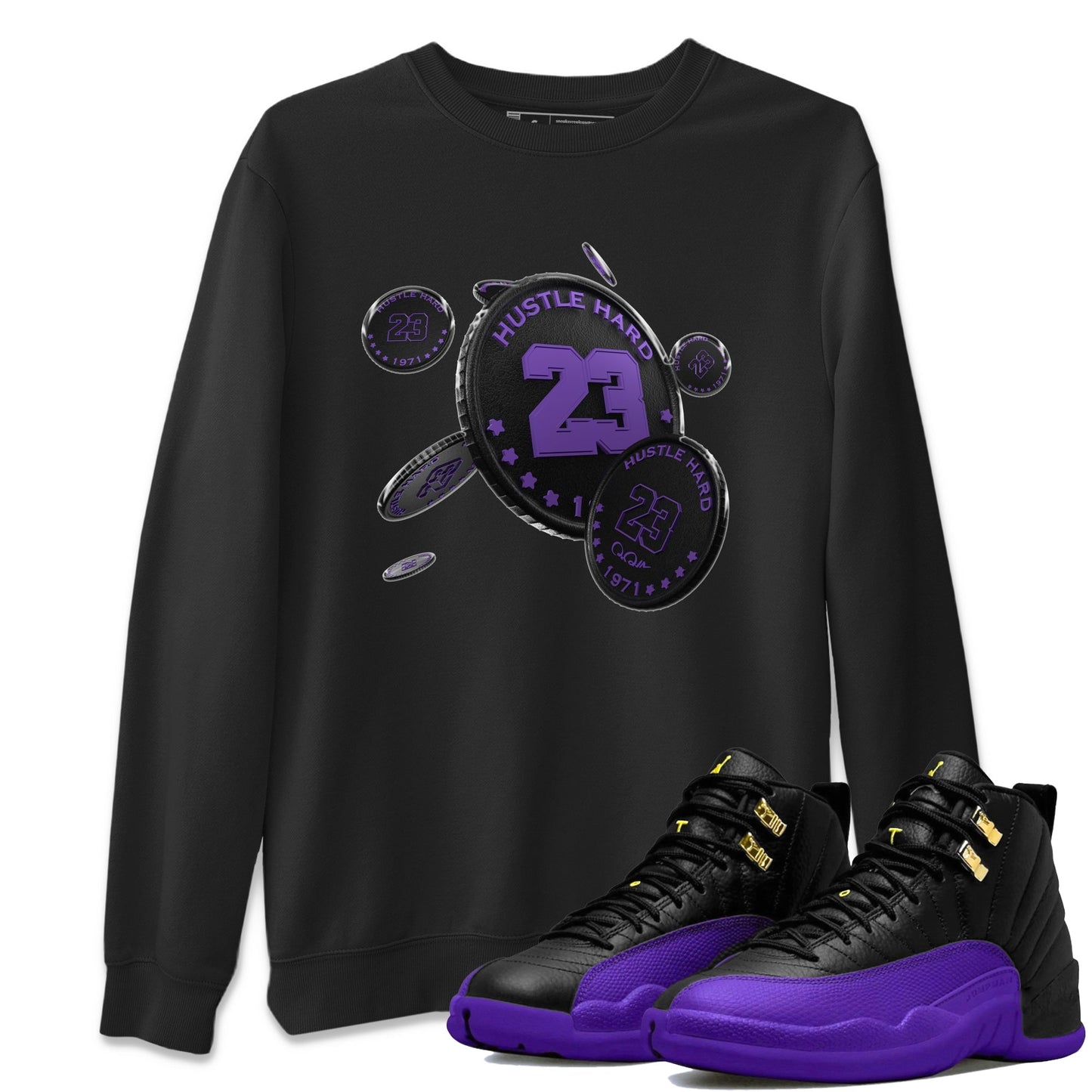 Air Jordan 12 Field Purple Sneaker Match Tees Coin Drop Sneaker Tees AJ12 Field Purple Sneaker Release Tees Unisex Shirts Black 1