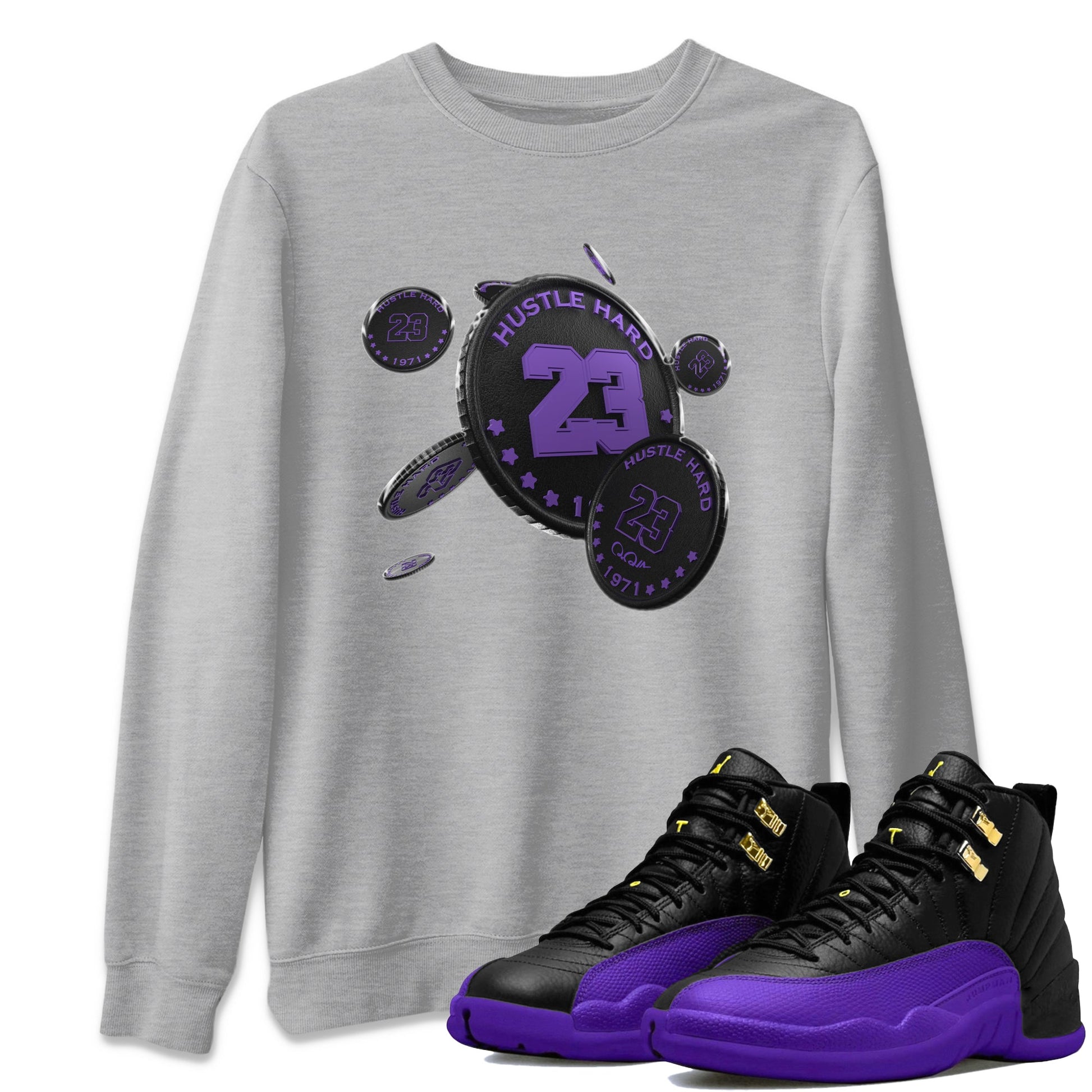 Air Jordan 12 Field Purple Sneaker Match Tees Coin Drop Sneaker Tees AJ12 Field Purple Sneaker Release Tees Unisex Shirts Heather Grey 1