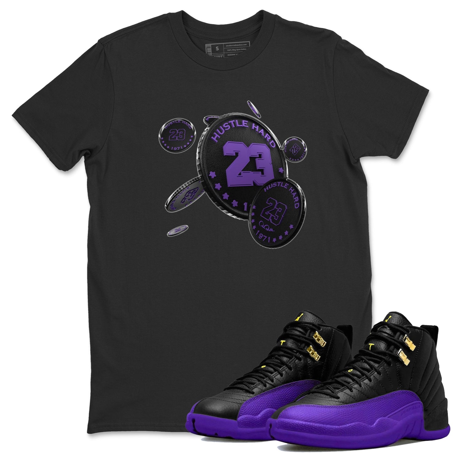 Air Jordan 12 Field Purple Sneaker Match Tees Coin Drop Sneaker Tees AJ12 Field Purple Sneaker Release Tees Unisex Shirts Black 1