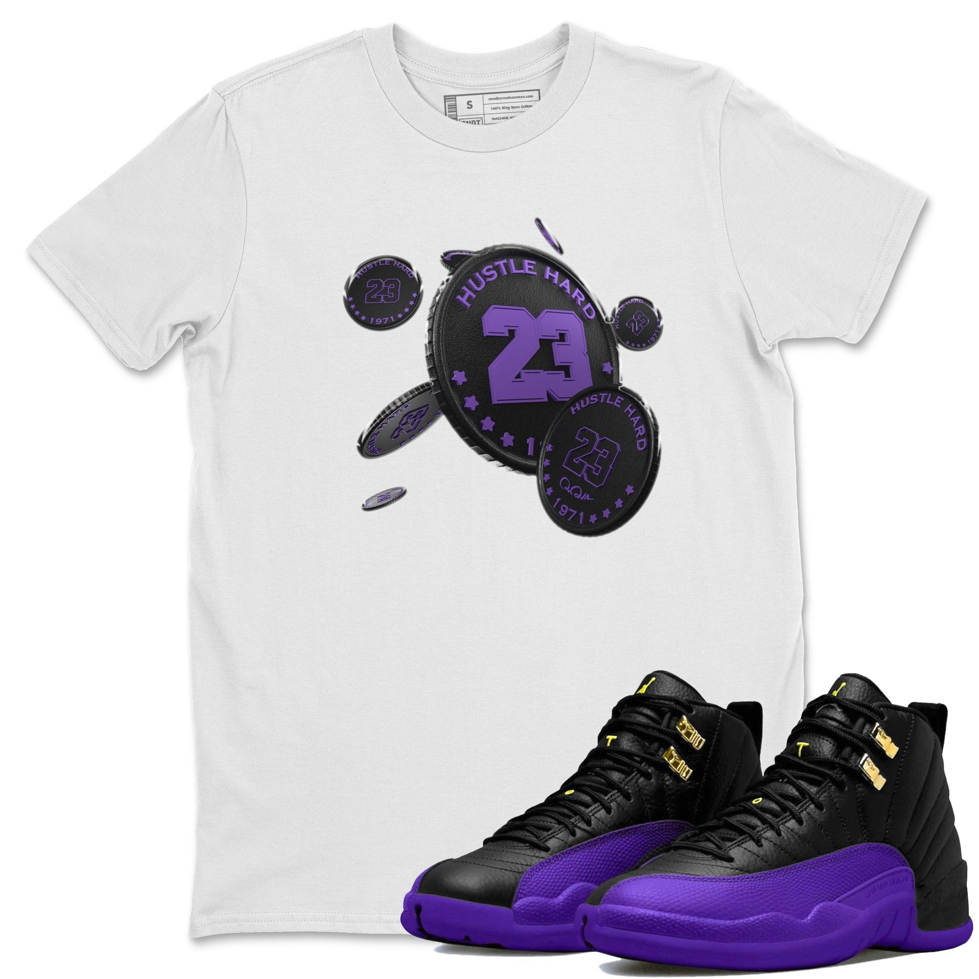 Air Jordan 12 Field Purple Sneaker Match Tees Coin Drop Sneaker Tees AJ12 Field Purple Sneaker Release Tees Unisex Shirts White 1