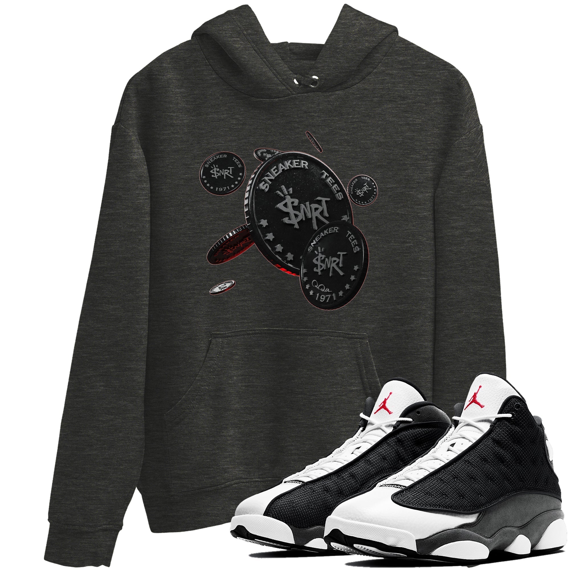 Air Jordan 13 Black Flint Sneaker Match Tees Coin Drop Streetwear Sneaker Shirt AJ13 Retro Black Flint Sneaker Release Tees Unisex Shirts Charcoal Heather 1
