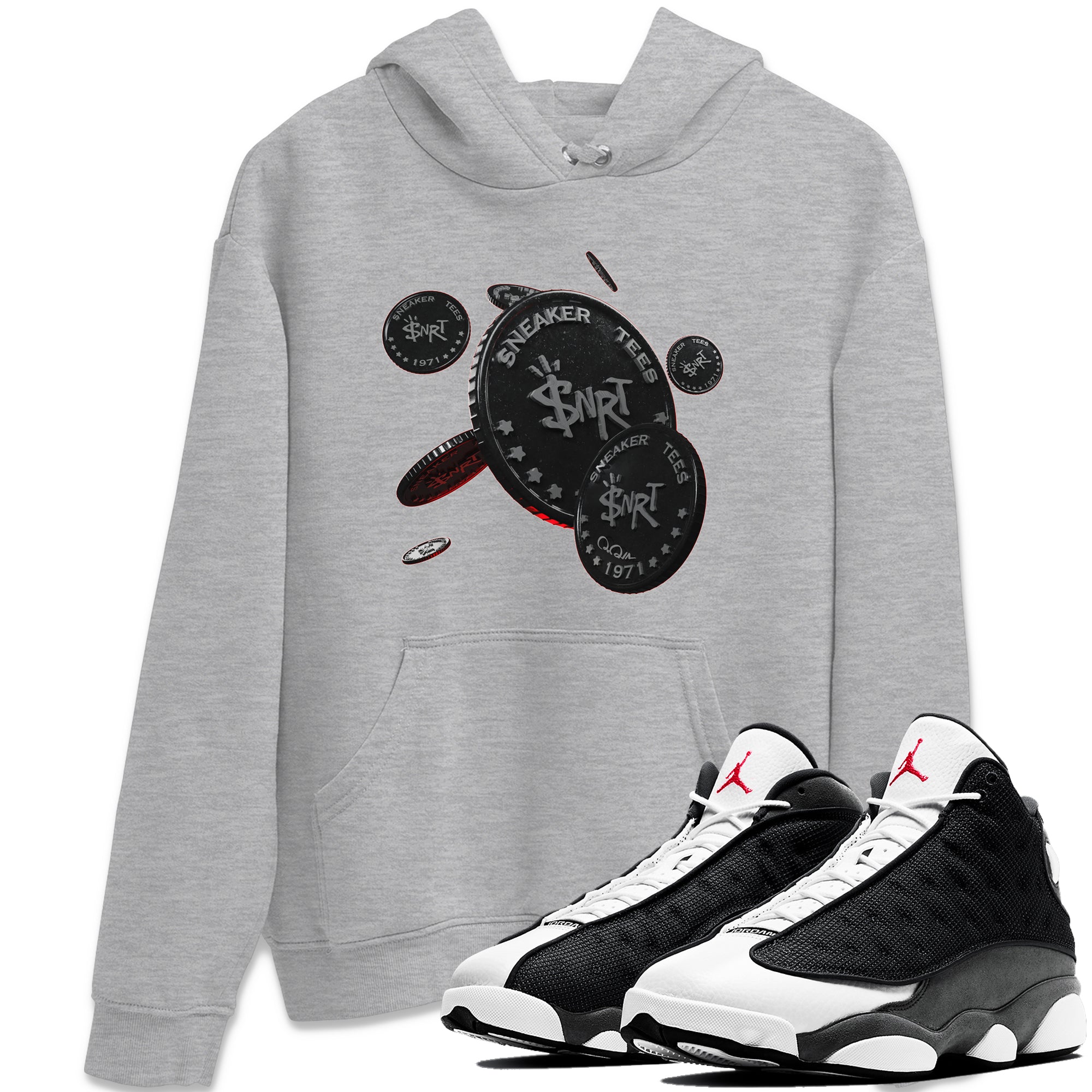 Air Jordan 13 Black Flint Sneaker Match Tees Coin Drop Streetwear Sneaker Shirt AJ13 Retro Black Flint Sneaker Release Tees Unisex Shirts Heather Grey 1