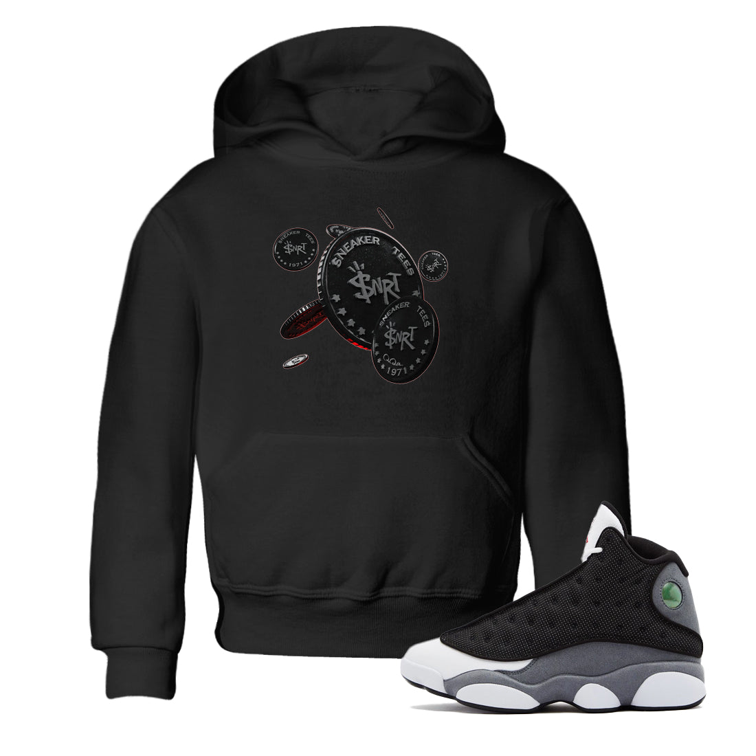 Air Jordan 13 Black Flint Sneaker Match Tees Coin Drop Streetwear Sneaker Shirt AJ13 Retro Black Flint Sneaker Release Tees Kids Shirts Black 1