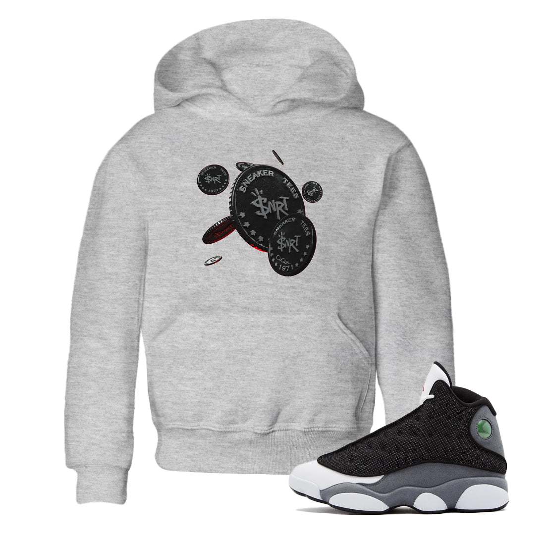 Air Jordan 13 Black Flint Sneaker Match Tees Coin Drop Streetwear Sneaker Shirt AJ13 Retro Black Flint Sneaker Release Tees Kids Shirts Heather Grey 1