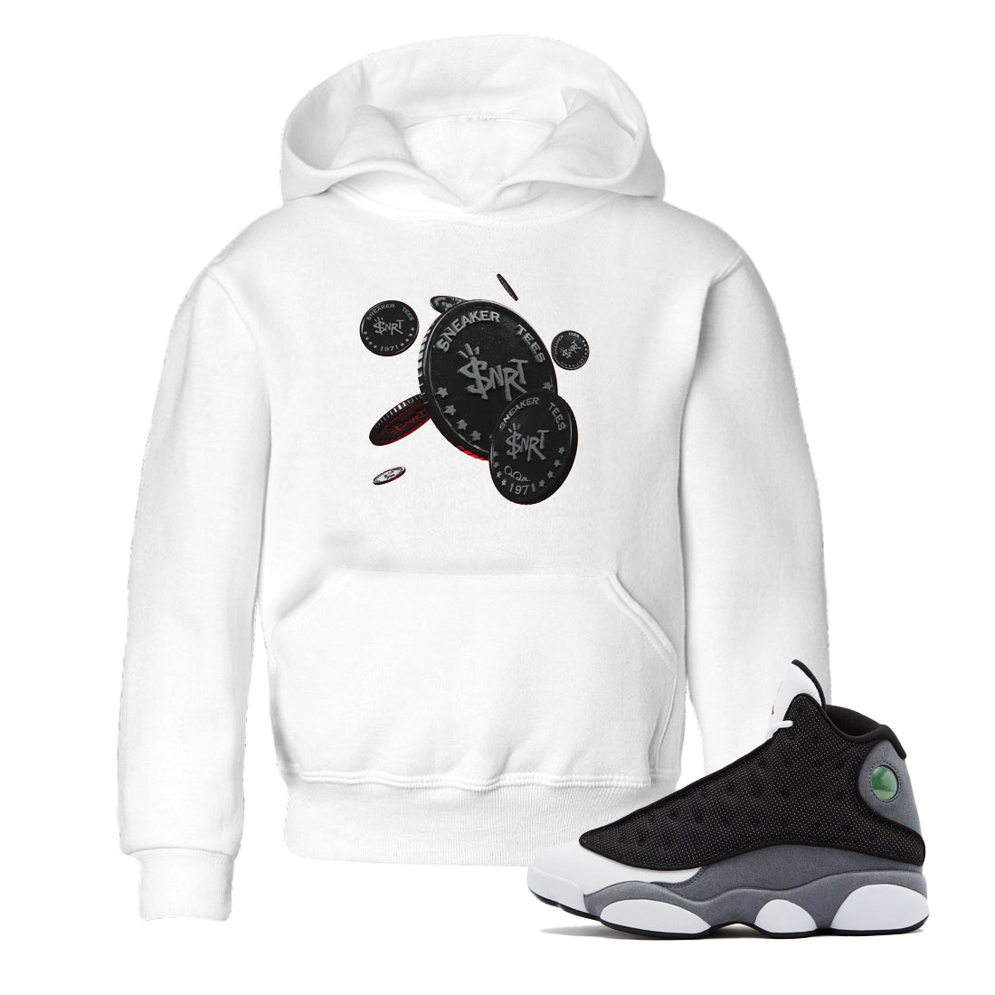 Air Jordan 13 Black Flint Sneaker Match Tees Coin Drop Streetwear Sneaker Shirt AJ13 Retro Black Flint Sneaker Release Tees Kids Shirts White 1