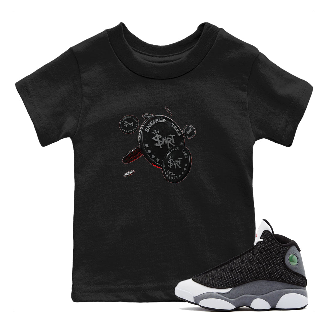 Air Jordan 13 Black Flint Sneaker Match Tees Coin Drop Streetwear Sneaker Shirt AJ13 Retro Black Flint Sneaker Release Tees Kids Shirts Black 1