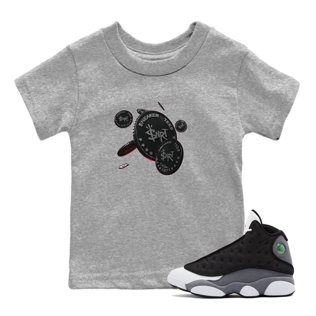 Air Jordan 13 Black Flint Sneaker Match Tees Coin Drop Streetwear Sneaker Shirt AJ13 Retro Black Flint Sneaker Release Tees Kids Shirts Heather Grey 1