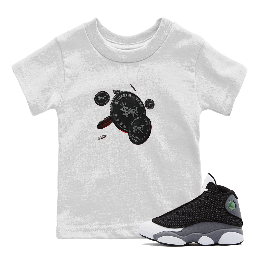 Air Jordan 13 Black Flint Sneaker Match Tees Coin Drop Streetwear Sneaker Shirt AJ13 Retro Black Flint Sneaker Release Tees Kids Shirts White 1