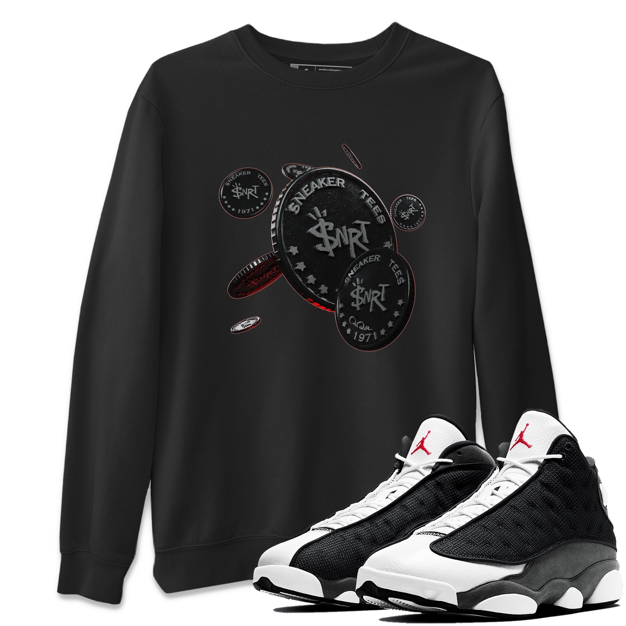 Air Jordan 13 Black Flint Sneaker Match Tees Coin Drop Streetwear Sneaker Shirt AJ13 Retro Black Flint Sneaker Release Tees Unisex Shirts Black 1