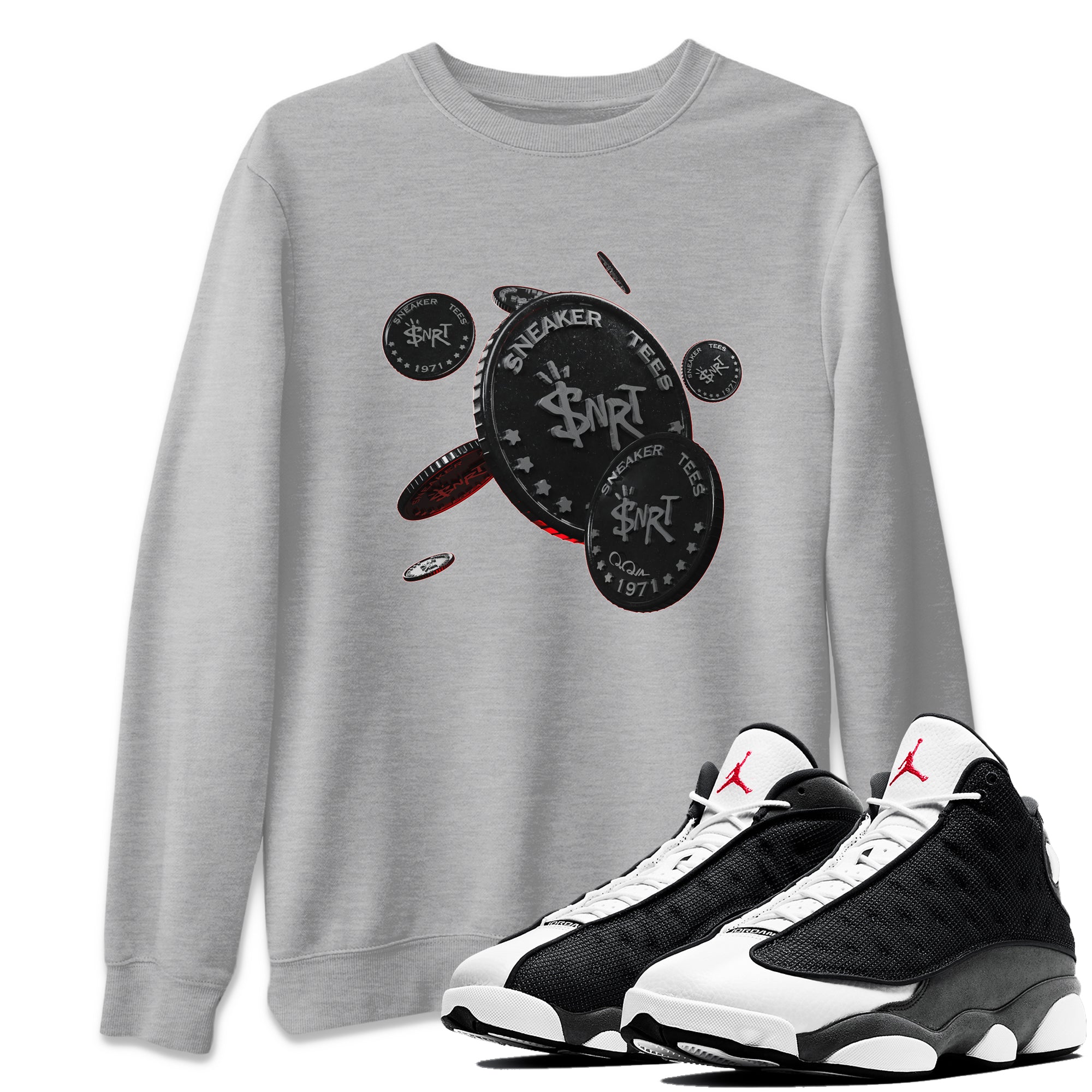 Air Jordan 13 Black Flint Sneaker Match Tees Coin Drop Streetwear Sneaker Shirt AJ13 Retro Black Flint Sneaker Release Tees Unisex Shirts Heather Grey 1