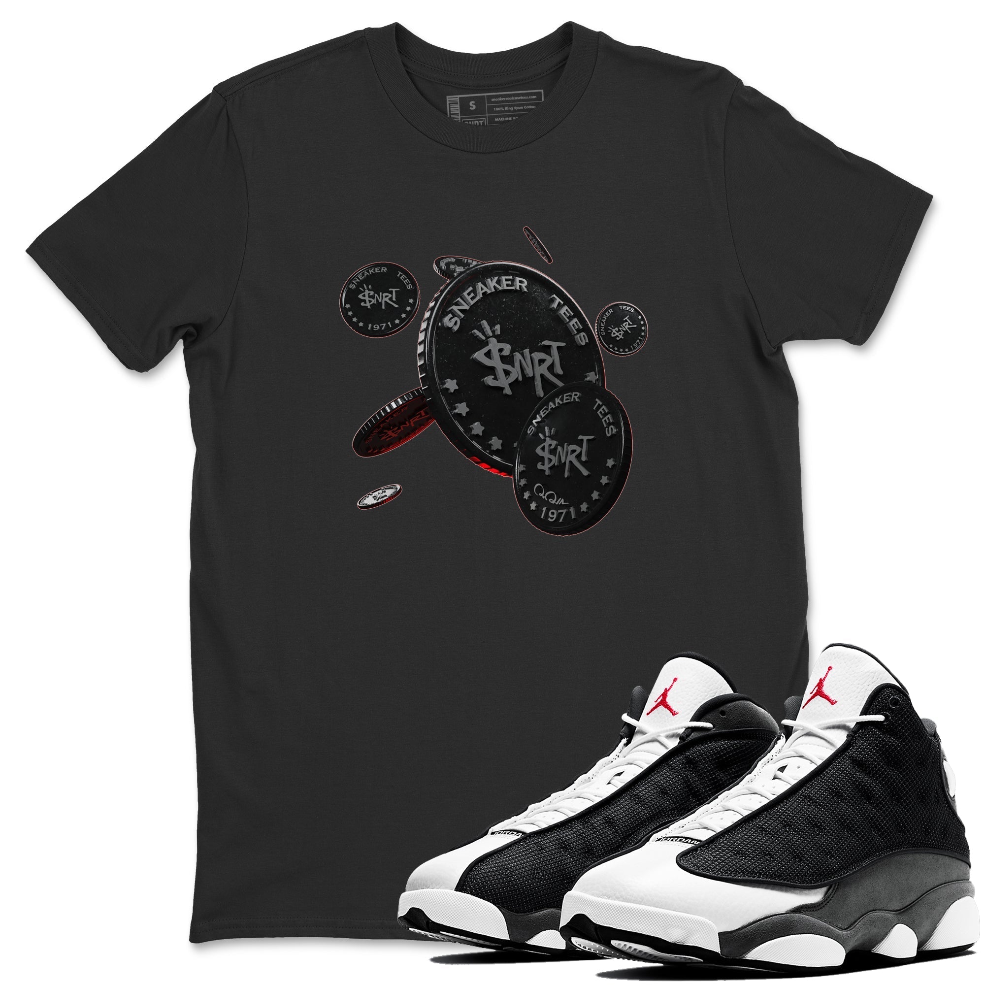 Air Jordan 13 Black Flint Sneaker Match Tees Coin Drop Streetwear Sneaker Shirt AJ13 Retro Black Flint Sneaker Release Tees Unisex Shirts Black 1