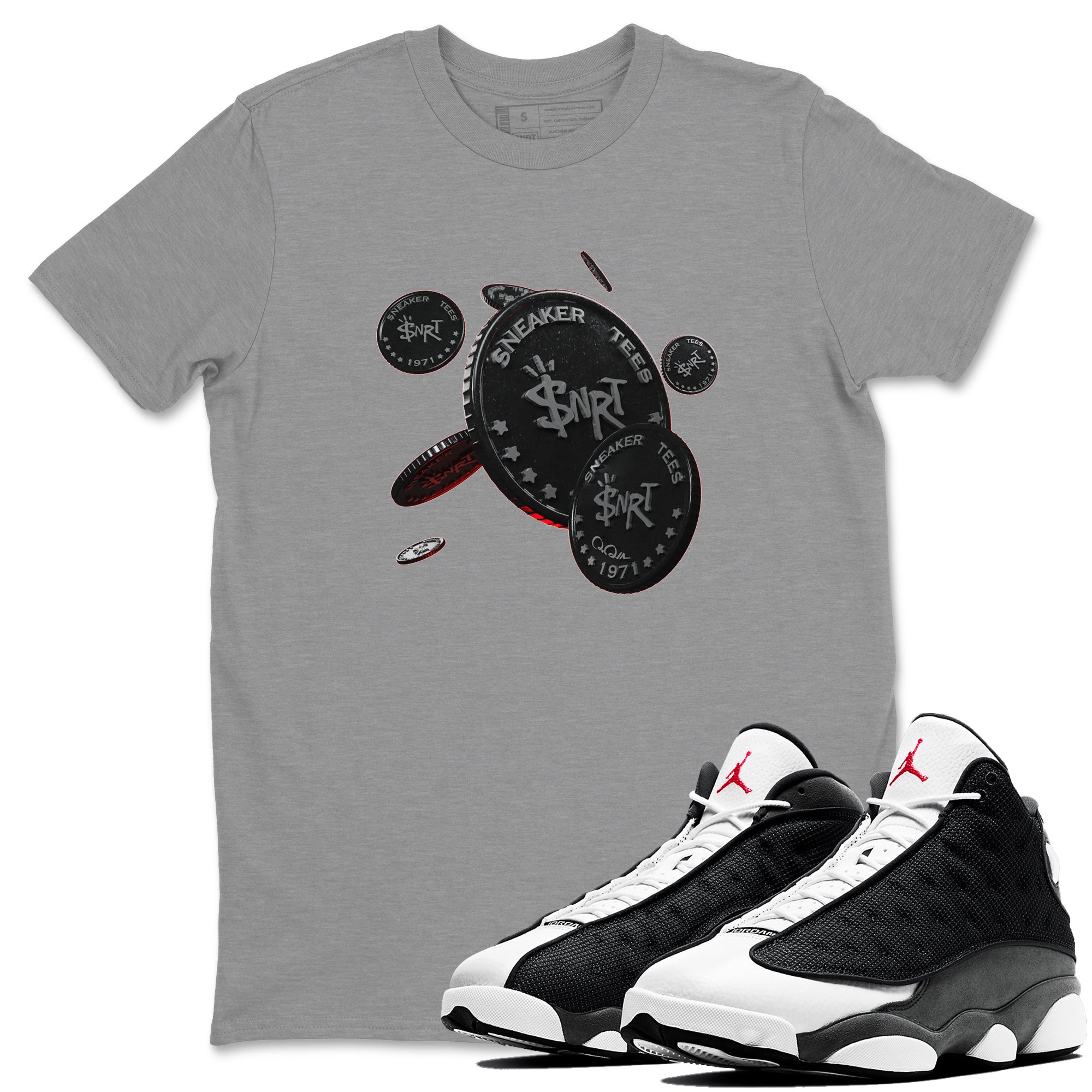 Air Jordan 13 Black Flint Sneaker Match Tees Coin Drop Streetwear Sneaker Shirt AJ13 Retro Black Flint Sneaker Release Tees Unisex Shirts Heather Grey 1