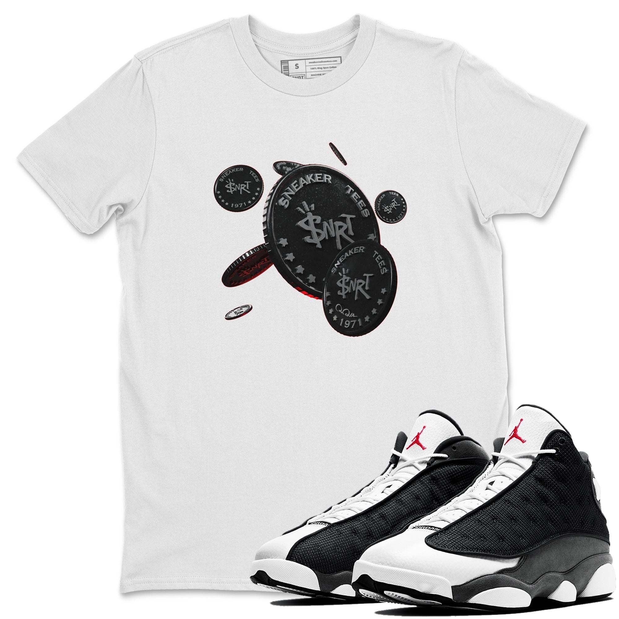 Air Jordan 13 Black Flint Sneaker Match Tees Coin Drop Streetwear Sneaker Shirt AJ13 Retro Black Flint Sneaker Release Tees Unisex Shirts White 1