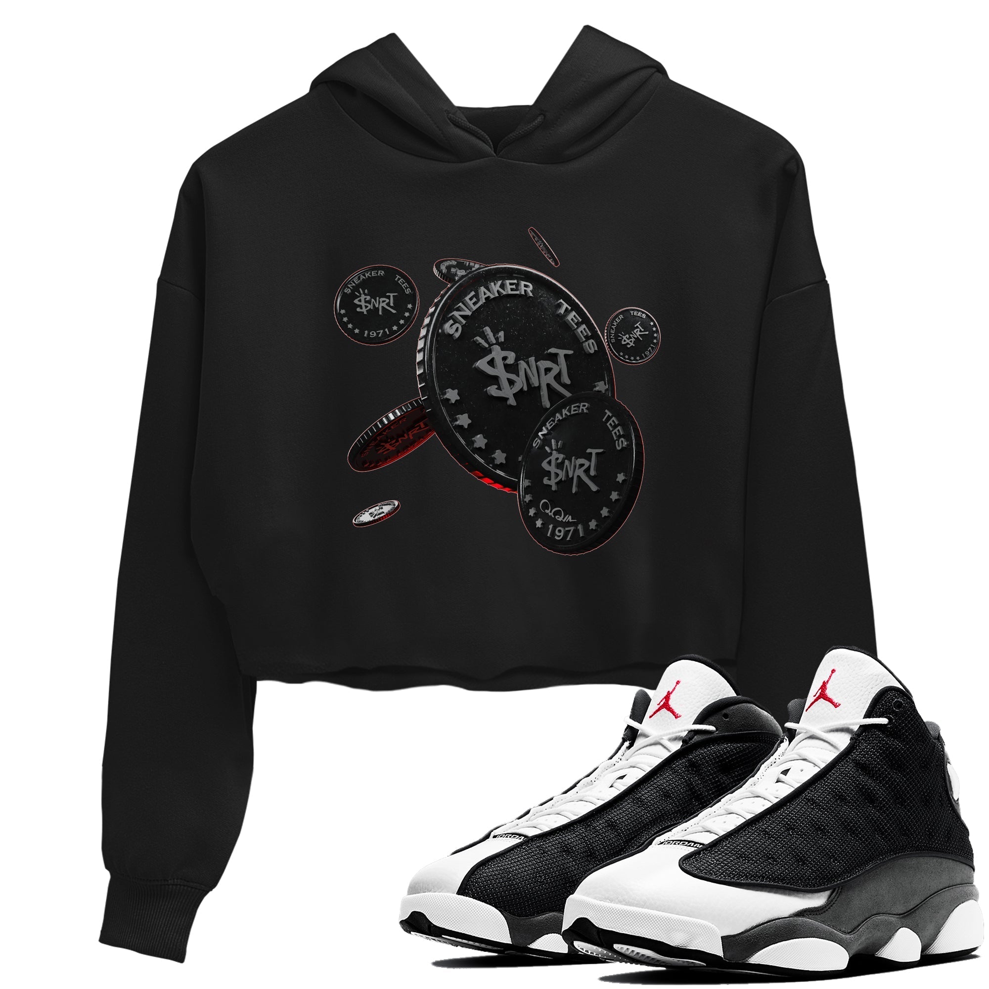 Air Jordan 13 Black Flint Sneaker Match Tees Coin Drop Streetwear Sneaker Shirt AJ13 Retro Black Flint Sneaker Release Tees Women's Shirts Black 1