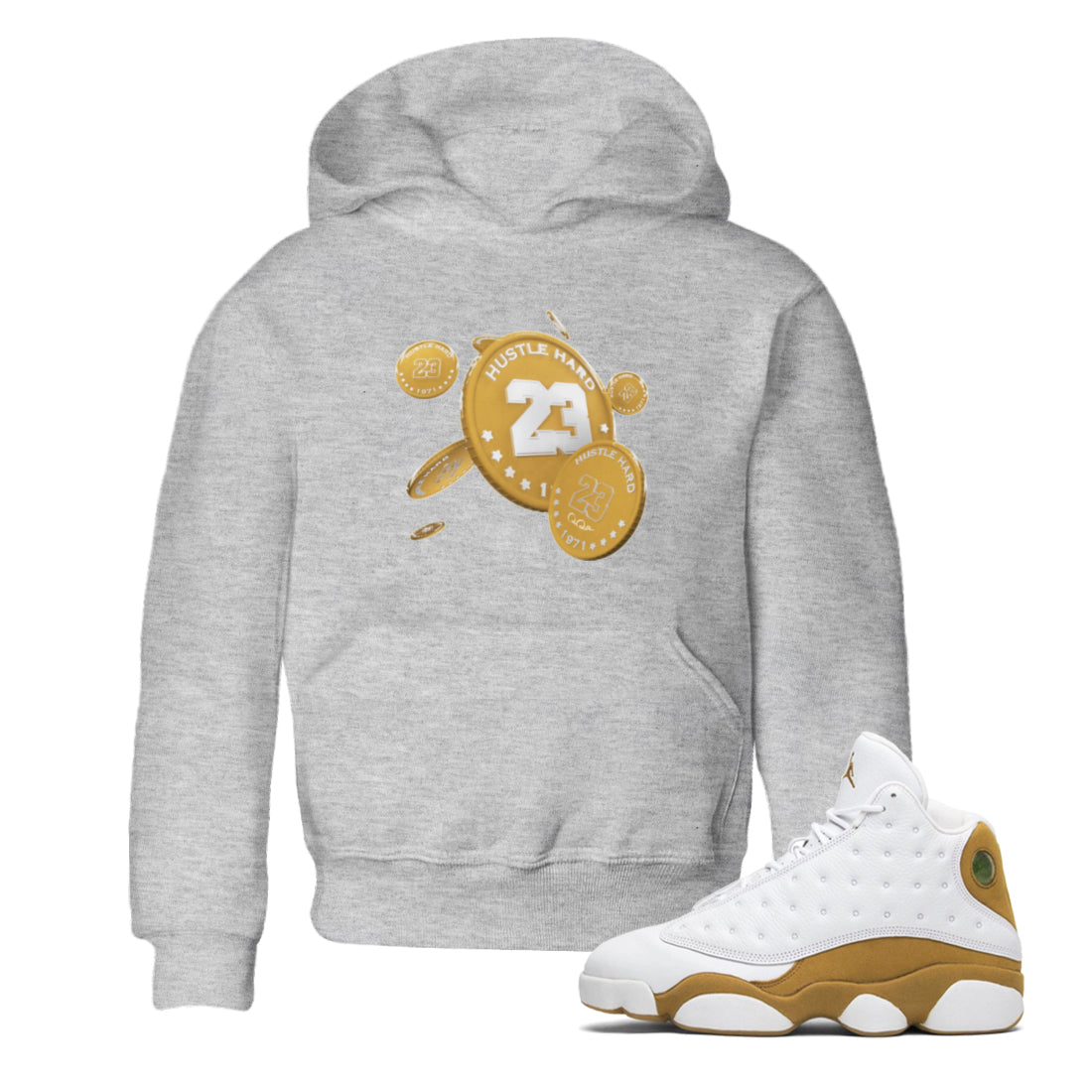 Air Jordan 13 Wheat Sneaker Match Tees Coin Drop Sneaker Tees AJ13 Wheat Sneaker Release Tees Kids Shirts Heather Grey 1