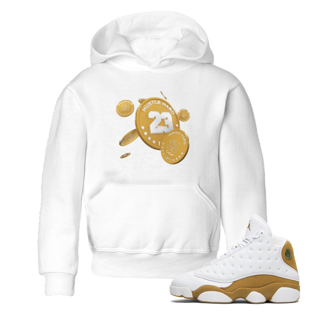 Air Jordan 13 Wheat Sneaker Match Tees Coin Drop Sneaker Tees AJ13 Wheat Sneaker Release Tees Kids Shirts White 1