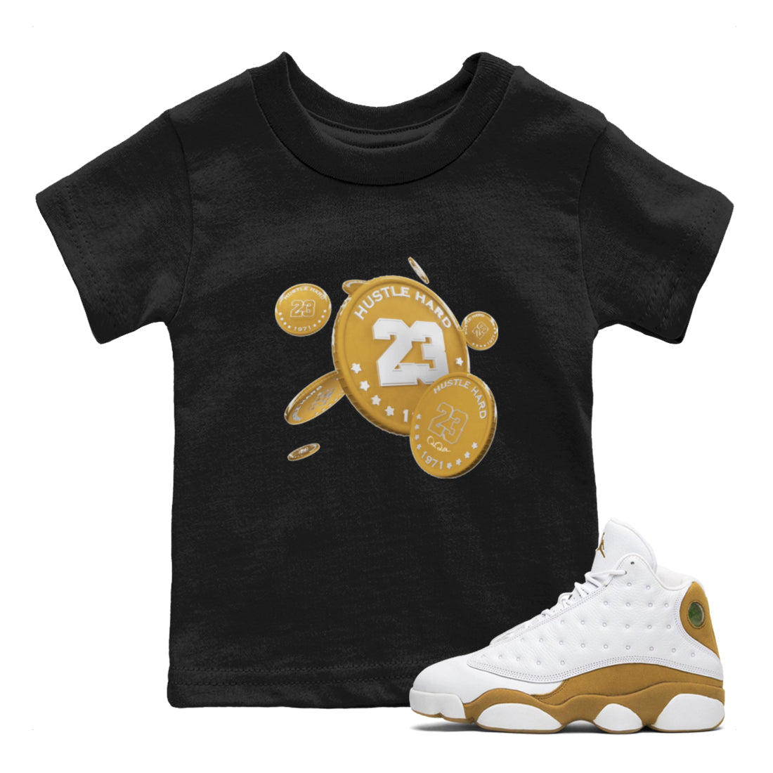 Air Jordan 13 Wheat Sneaker Match Tees Coin Drop Sneaker Tees AJ13 Wheat Sneaker Release Tees Kids Shirts Black 1