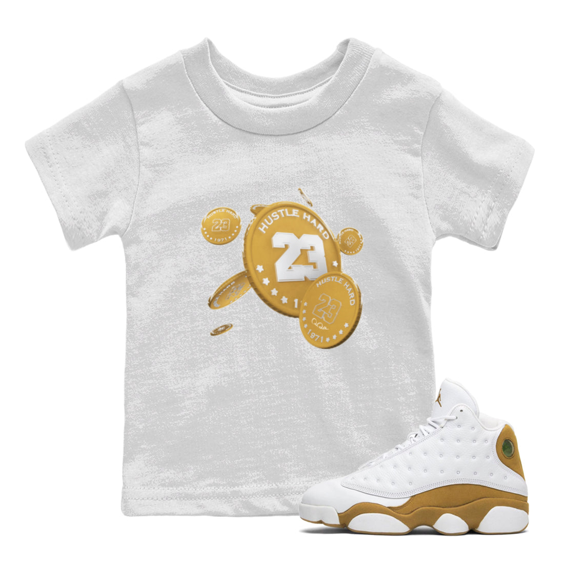 Air Jordan 13 Wheat Sneaker Match Tees Coin Drop Sneaker Tees AJ13 Wheat Sneaker Release Tees Kids Shirts White 1